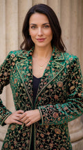 Women’s Embroidered Velvet Long Coat | Blush Green Floral Boho Jacket | Luxury Evening Peacock Ethnic Wear