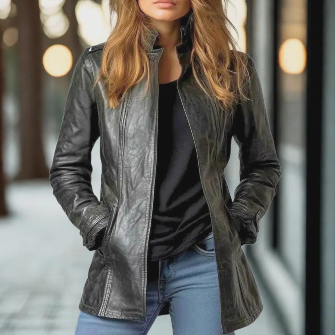 Women's Handmade Black Genuine Leather Blazer | Customized Long Jacket | Luxury Gift for Her