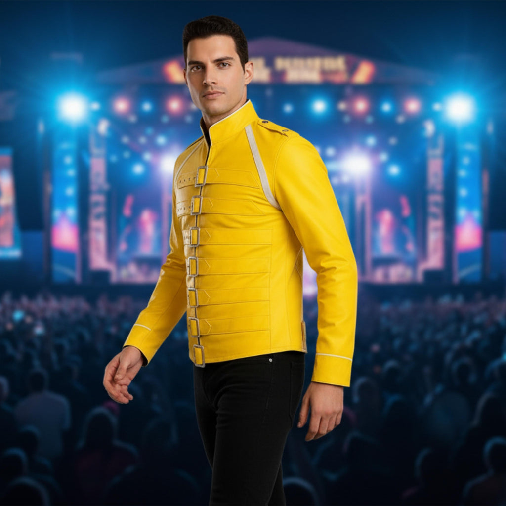 Freddie Mercury Yellow Faux Leather Jacket | Wembley Concert Inspired Military Style Coat | 80s Rock Star Buckle Strap Jacket