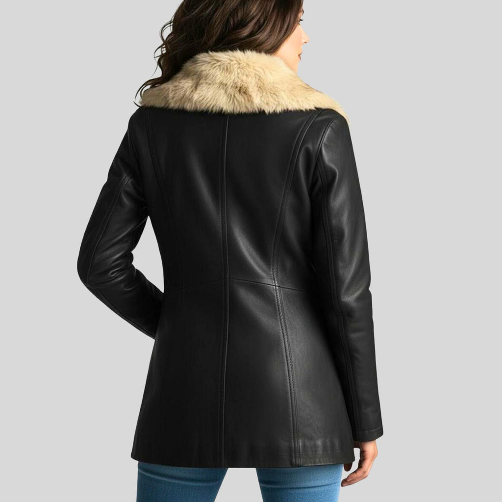 Women’s Black Shearling Leather Coat | Long Faux Fur Collar Winter Jacket | Warm & Luxury Outerwear