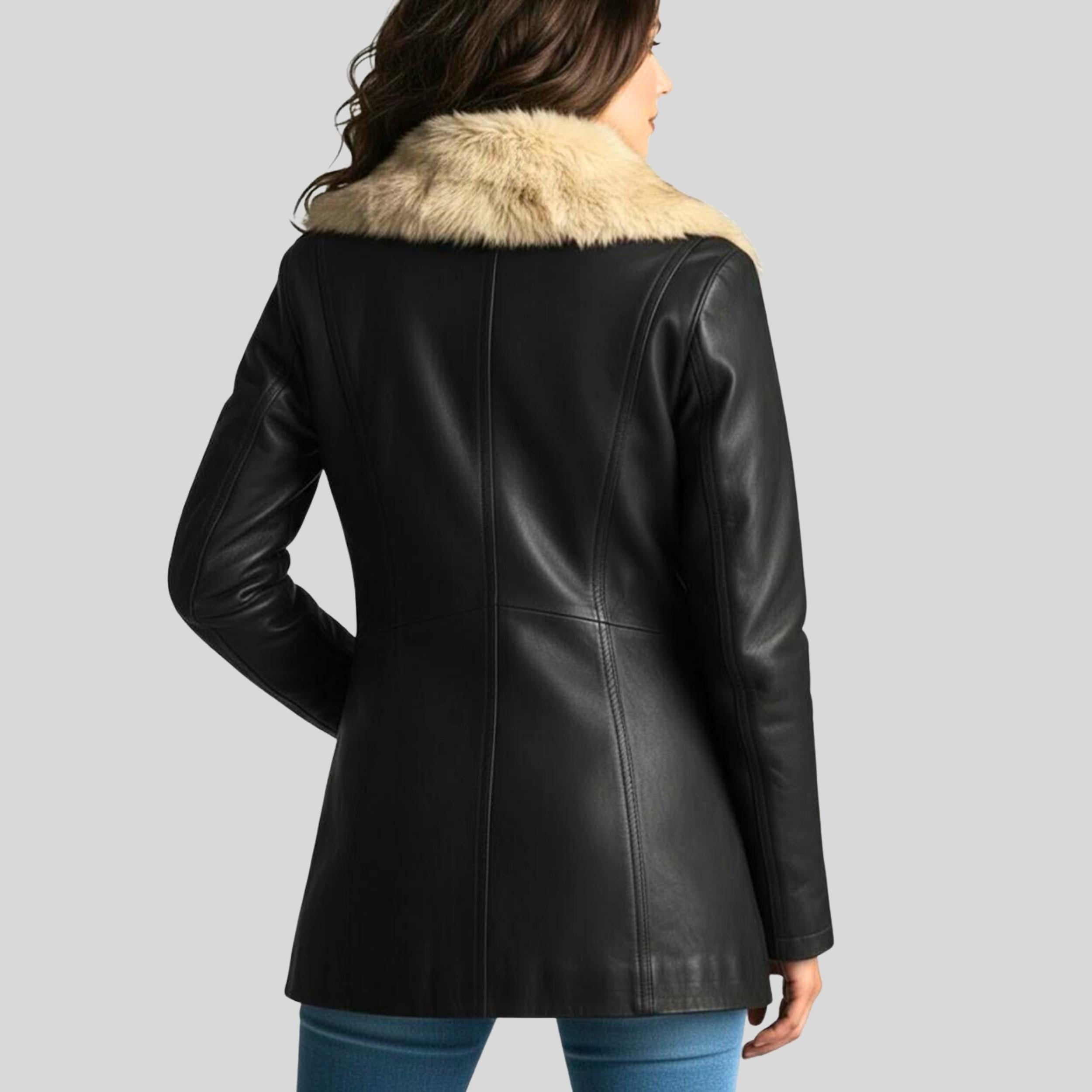 Women’s Black Shearling Leather Coat | Long Faux Fur Collar Winter Jacket | Warm & Luxury Outerwear
