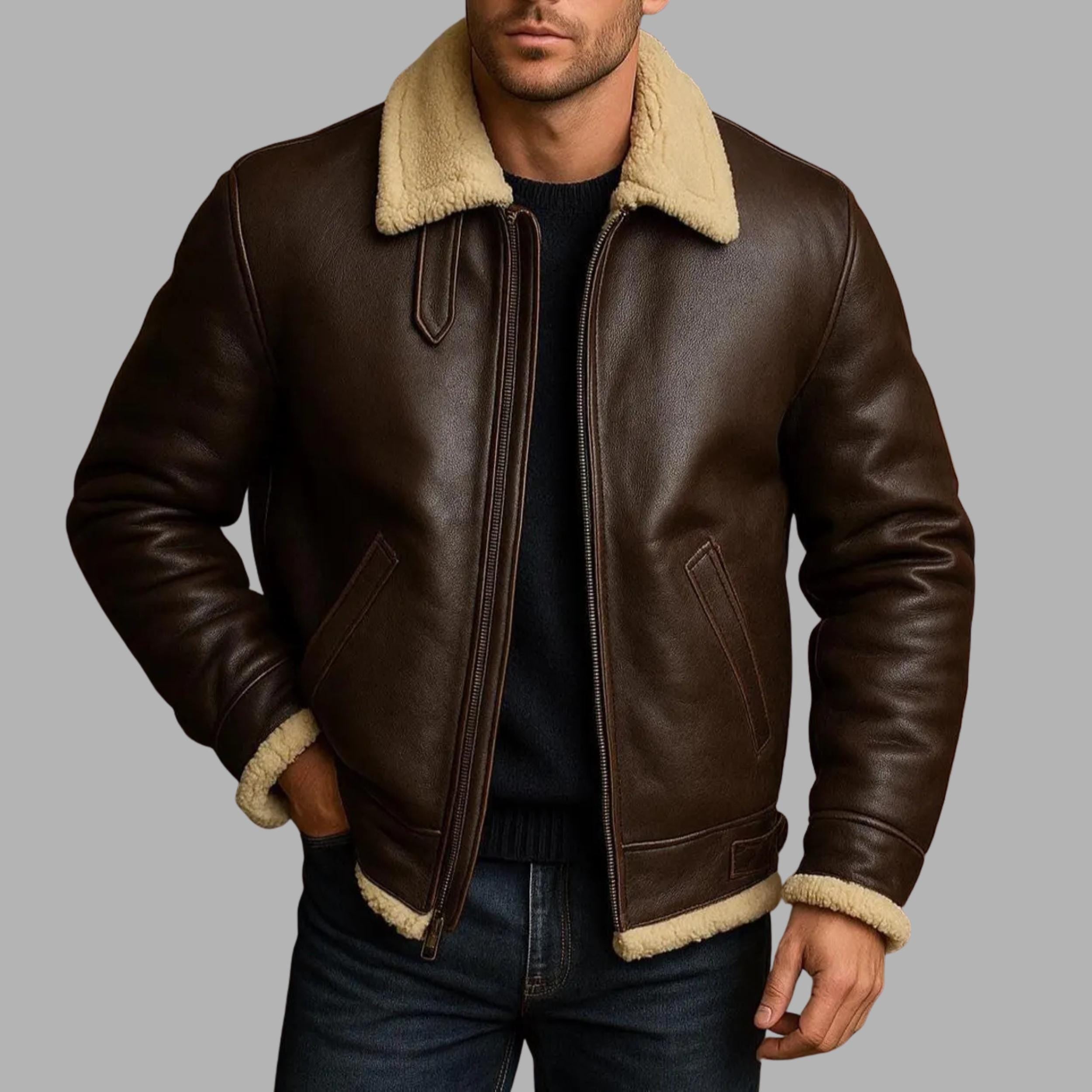 Men’s Handmade Shearling Leather Jacket | Genuine Sheepskin Aviator B3 Bomber Winter Coat