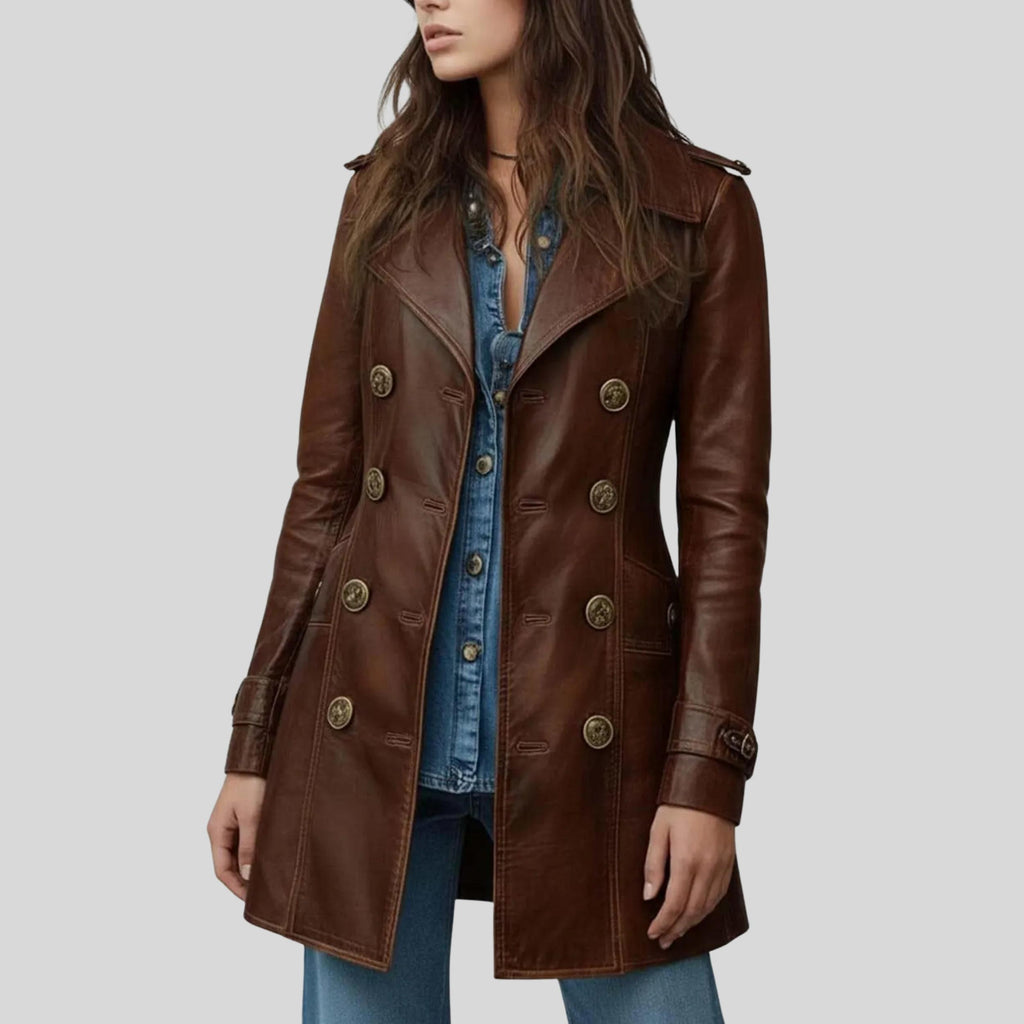 Women’s Vintage Brown Leather Coat | Handmade Genuine Leather Long Jacket with Stylish Collar & Lapel
