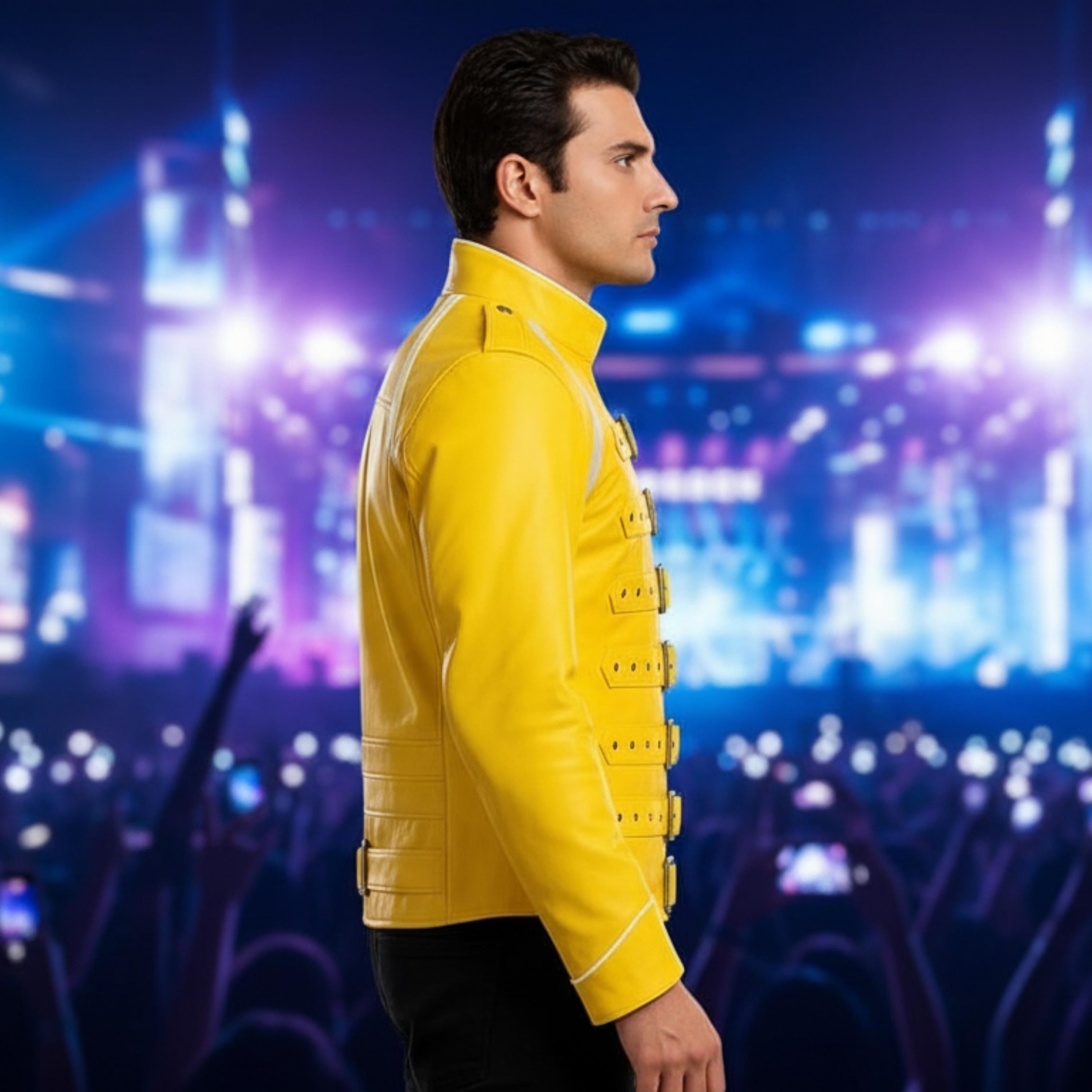 Freddie Mercury Yellow Faux Leather Jacket | Wembley Concert Inspired Military Style Coat | 80s Rock Star Buckle Strap Jacket