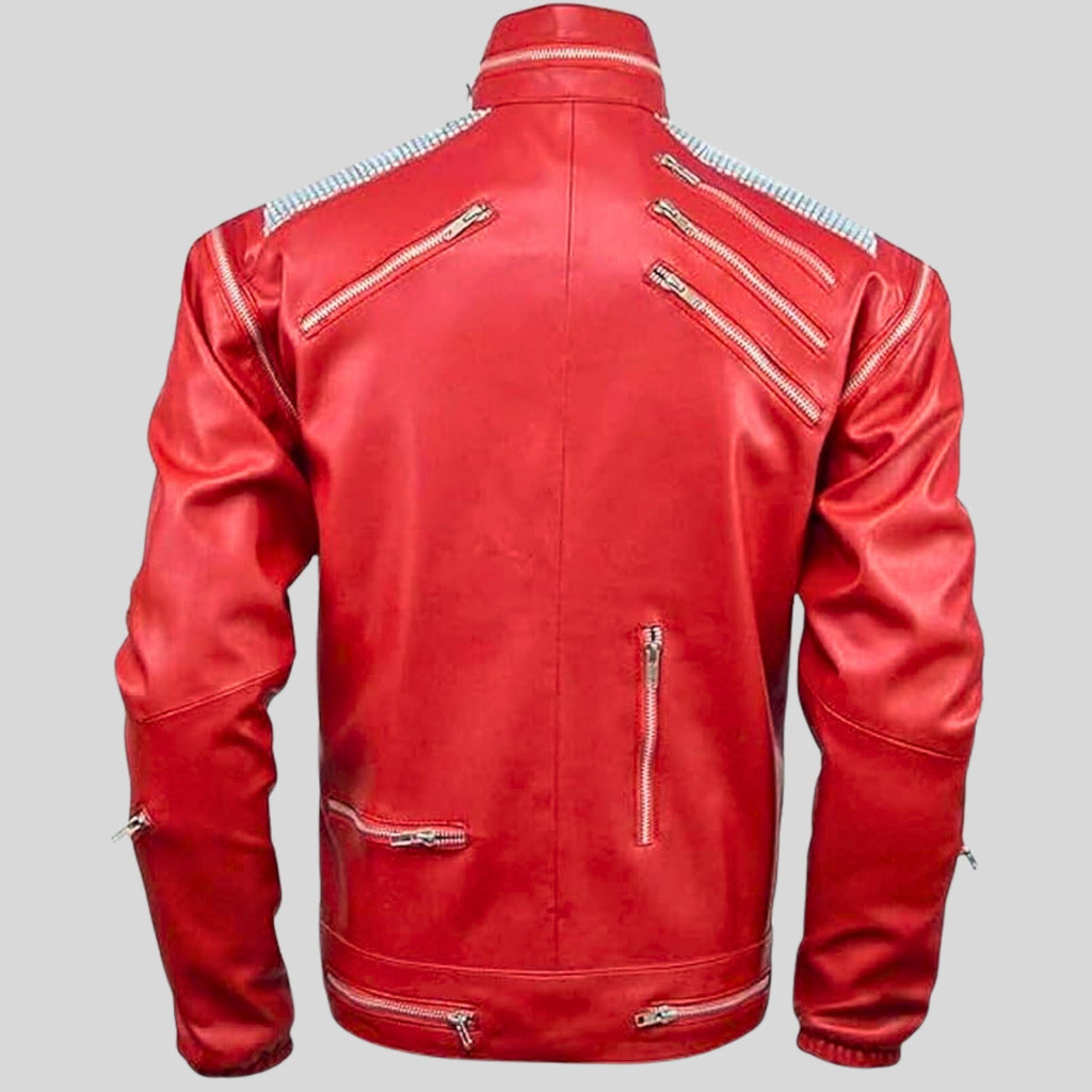 Handmade Michael Jackson Beat It Inspired Red Leather Jacket | 80s Biker MJ Tribute Costume | Zip-up Genuine Leather Cosplay Outfit