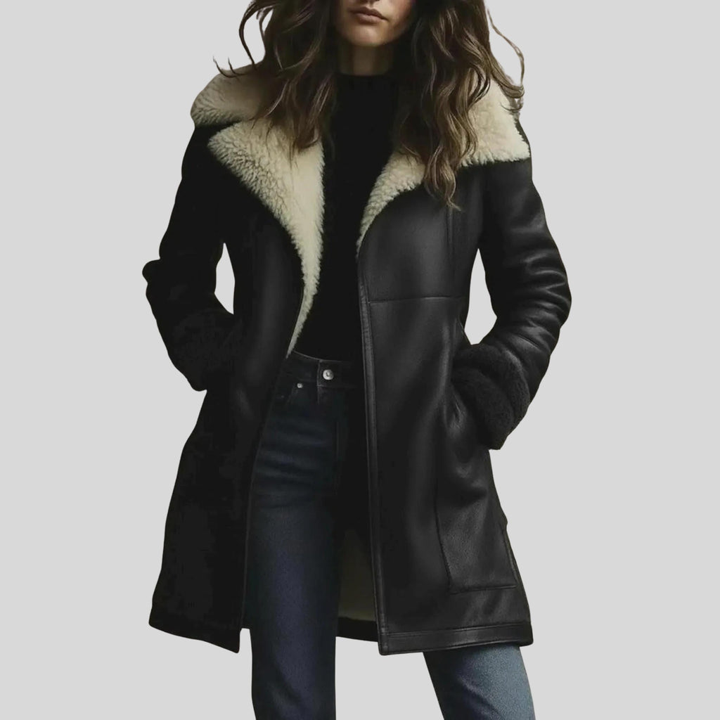 Women's Sheepskin Aviator Jacket | Genuine Leather Black Coat | Faux Fur Lapel Collar