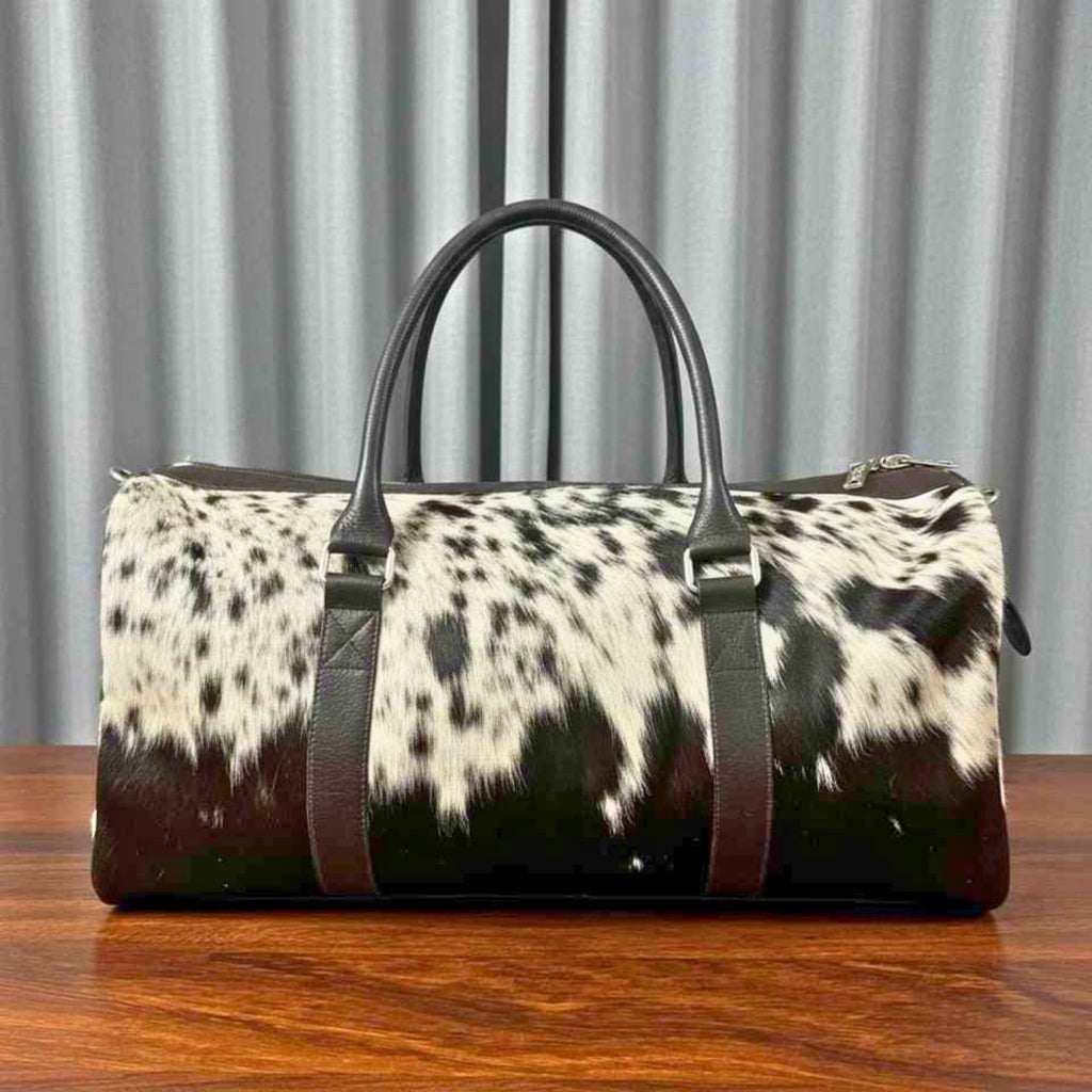 Personalized Cowhide Leather Duffel Bag | Hair On Hide Weekender Travel Bag | Handmade Western Unisex Overnight Gym Bag | Gift for Him Her