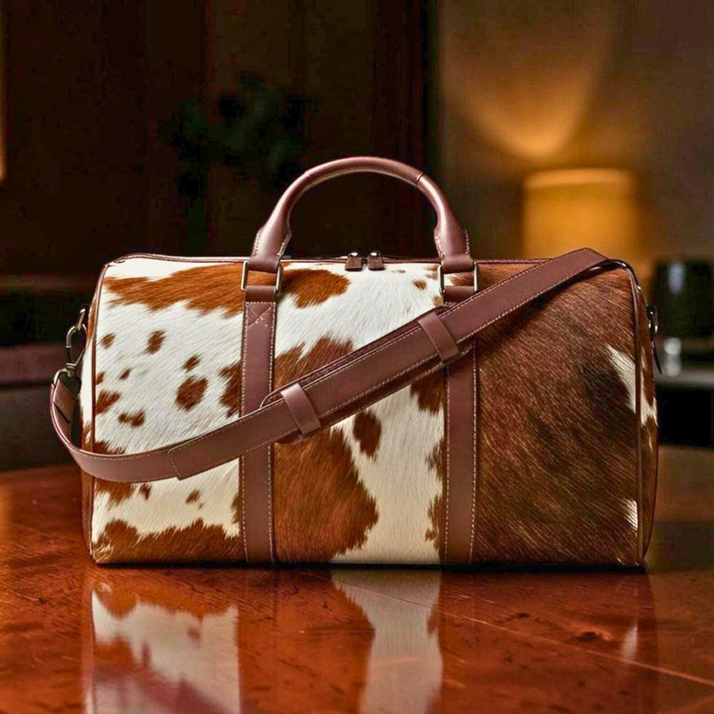 Personalized Cowhide Leather Duffel Bag | Hair On Hide Weekender Travel Bag | Handmade Western Unisex Overnight Gym Bag | Gift for Dad