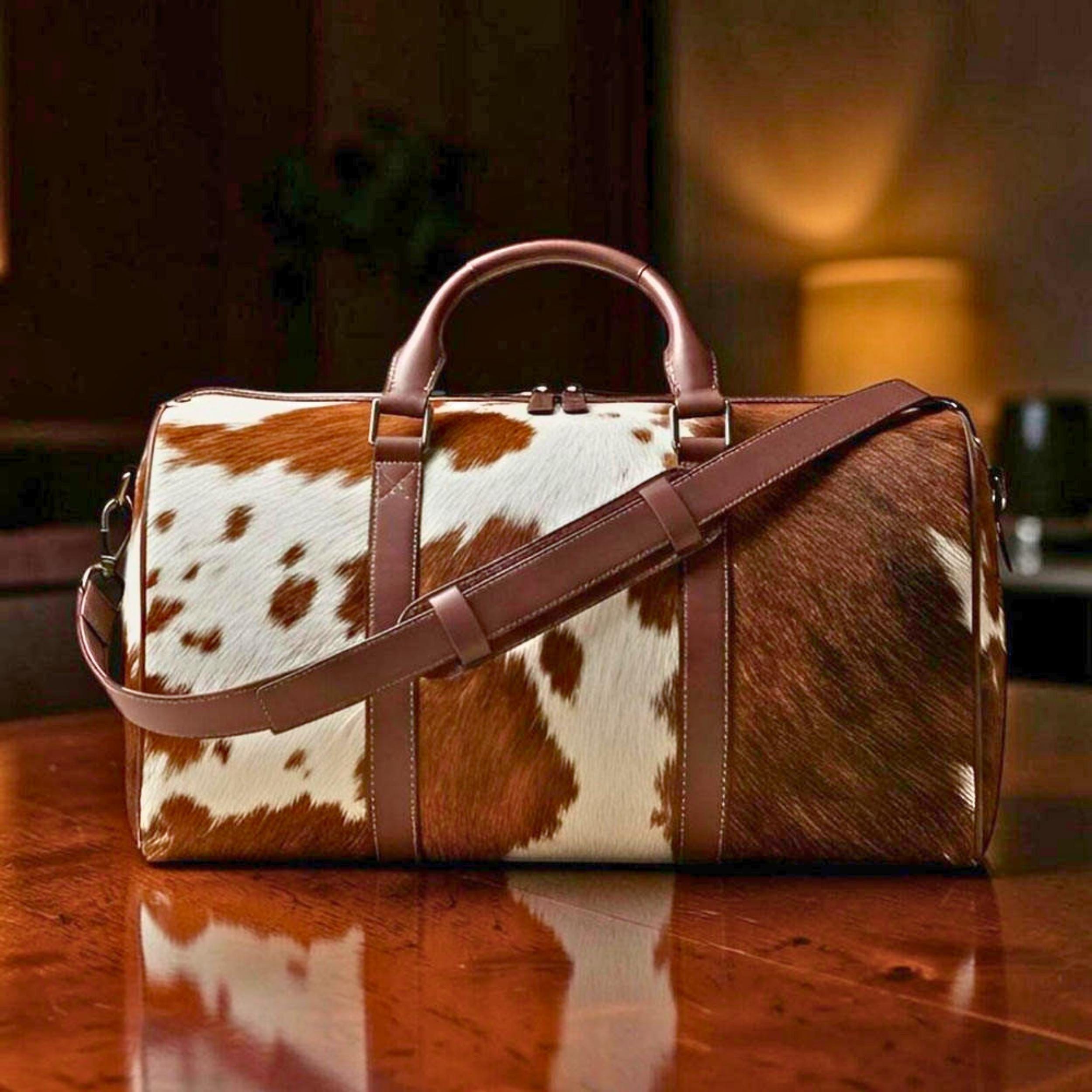 Personalized Cowhide Leather Duffel Bag | Hair On Hide Weekender Travel Bag | Handmade Western Unisex Overnight Gym Bag | Gift for Dad