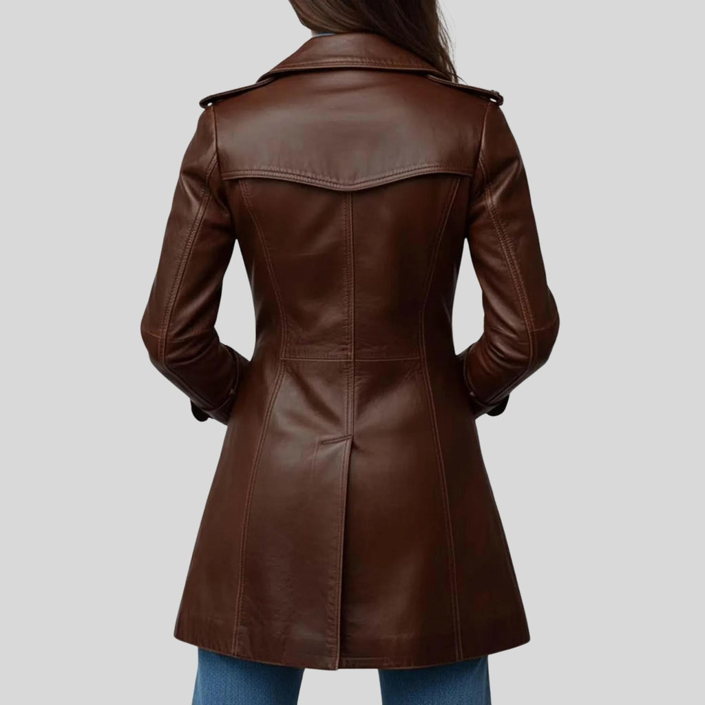 Women’s Vintage Brown Leather Coat | Handmade Genuine Leather Long Jacket with Stylish Collar & Lapel