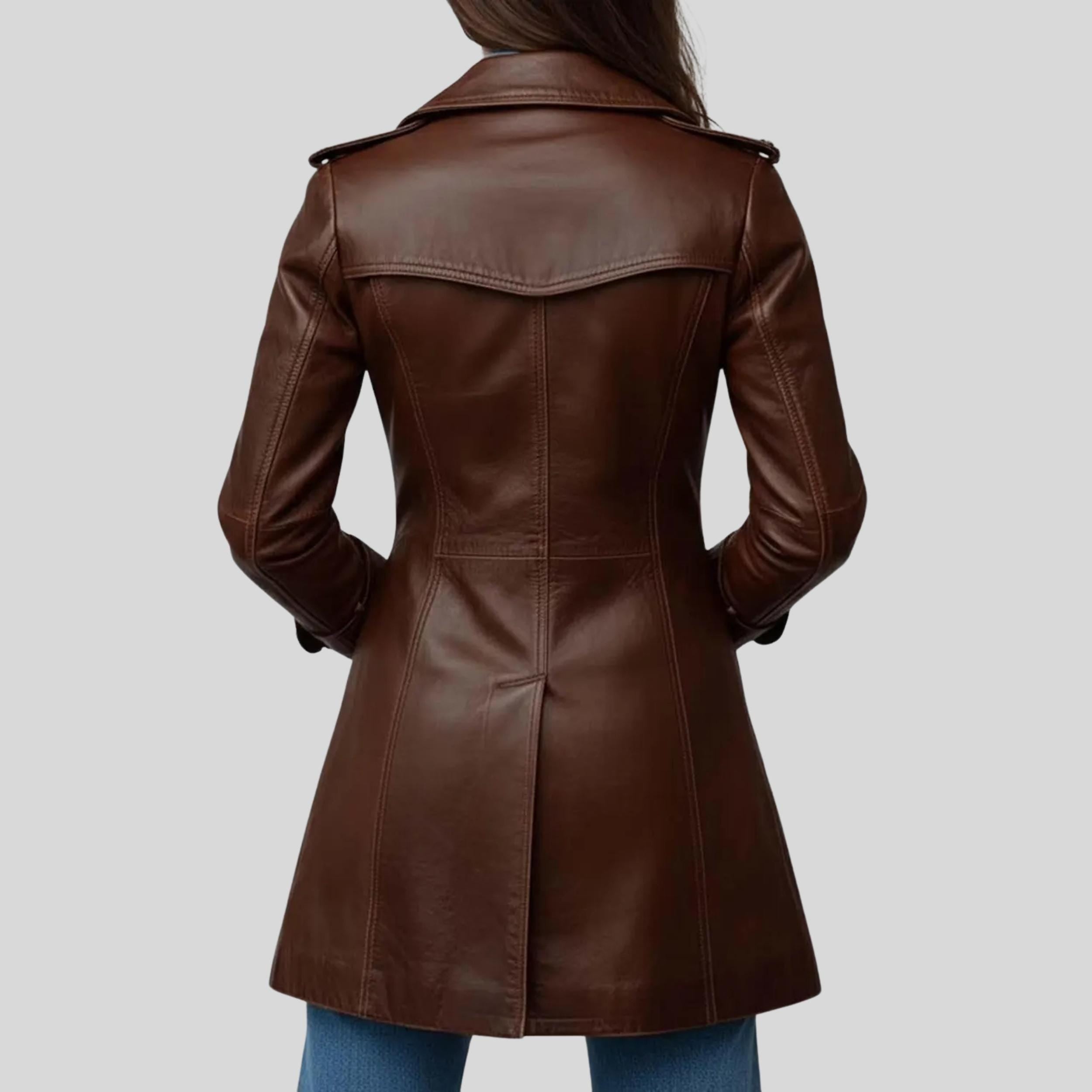 Women’s Vintage Brown Leather Coat | Handmade Genuine Leather Long Jacket with Stylish Collar & Lapel