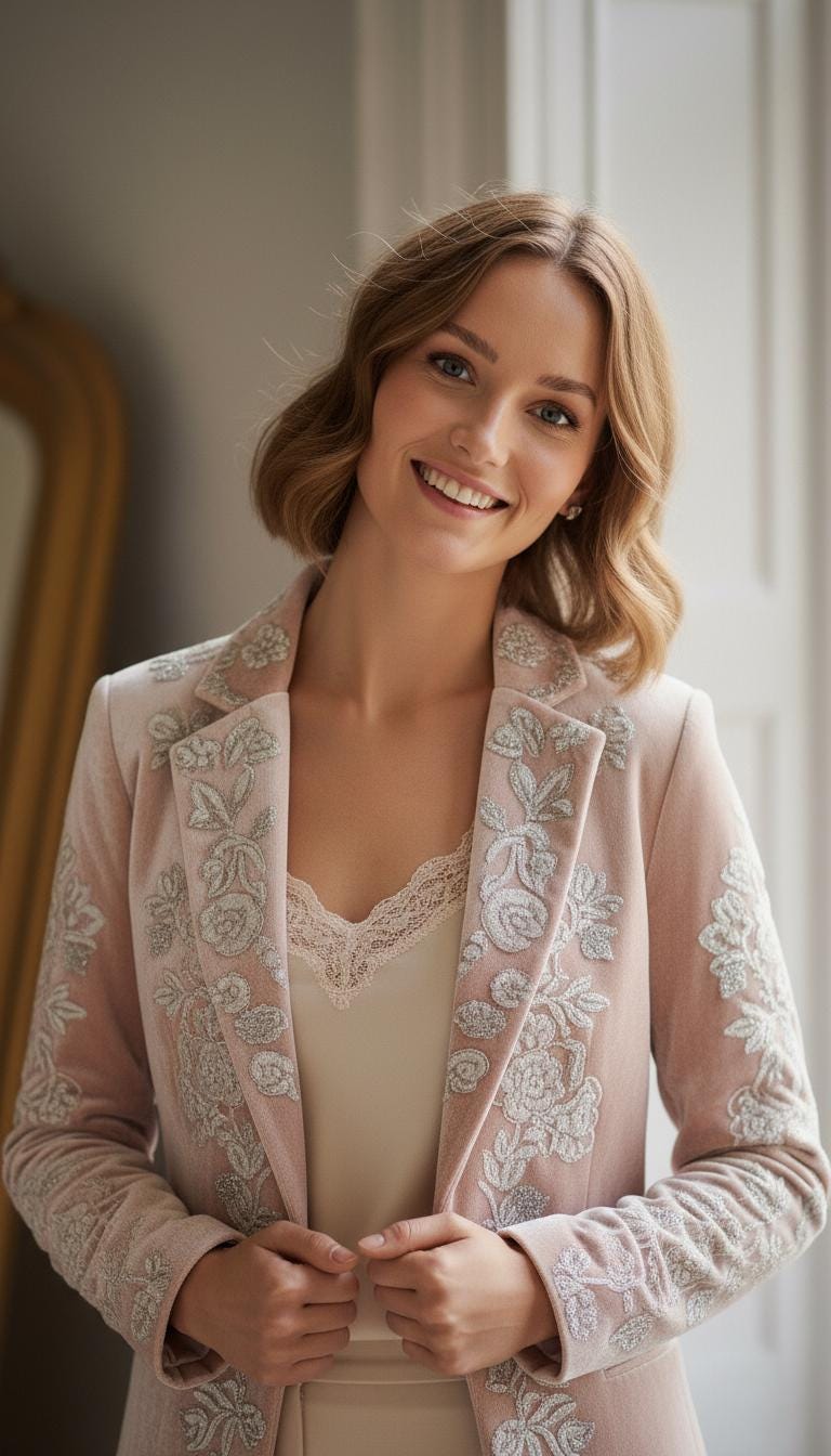 Hand-Embroidered Velvet Coat | Blush Pink Floral Longline Jacket