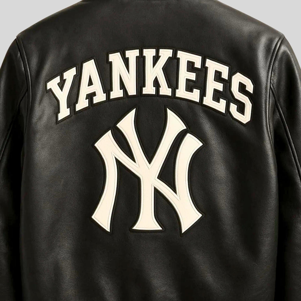 Black Yankees Leather Varsity Jacket | Vintage NY Embroidered Bomber