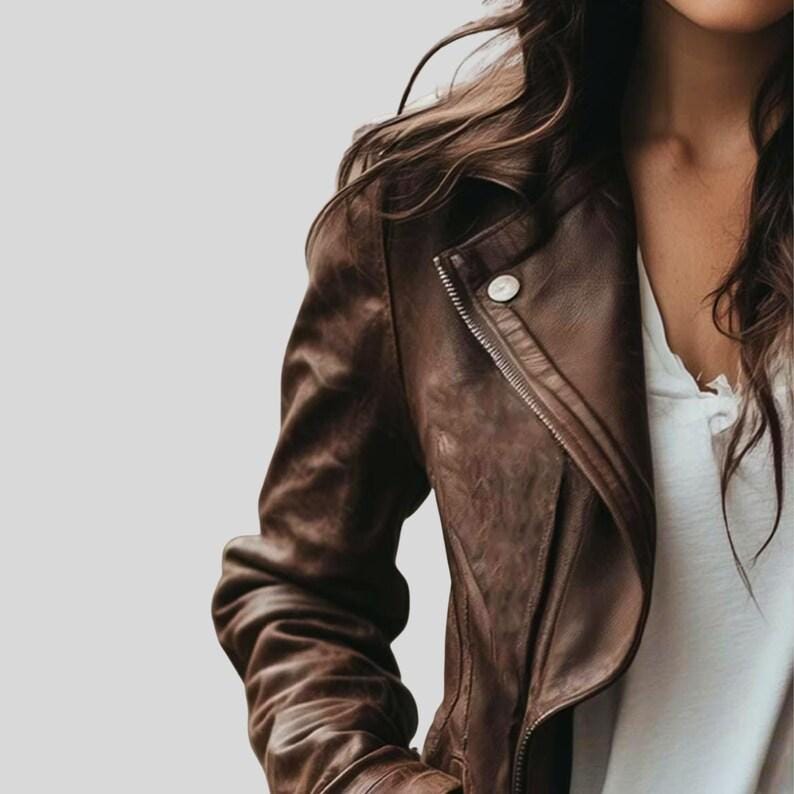 Women's Handmade Vintage Brown Leather Jacket | Lapel Collar Biker Coat