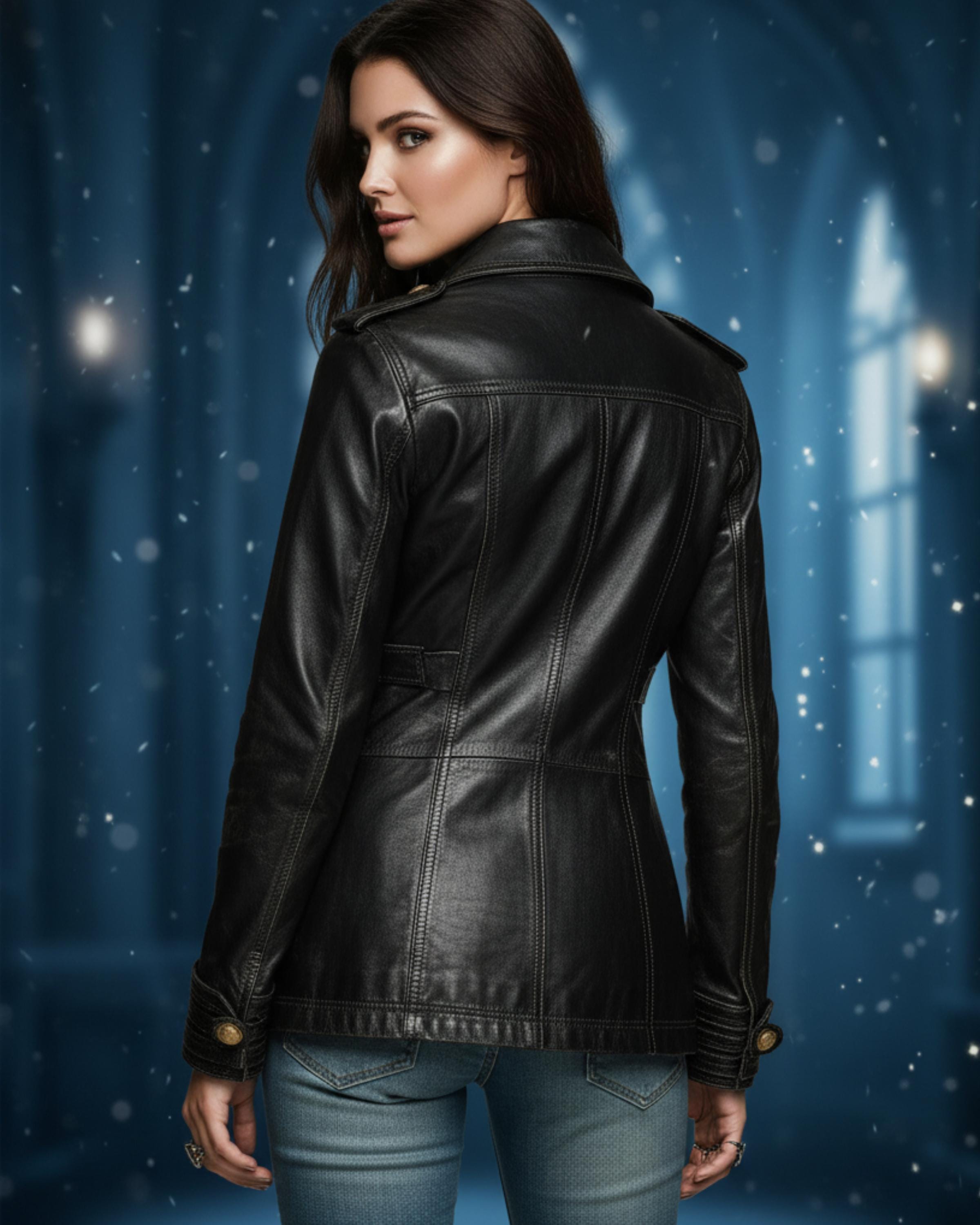 Women’s Handmade Black Distressed Jeans Style Leather Coat | Vintage Style Double-Breasted Gold Button Jacket | Goth Outerwear