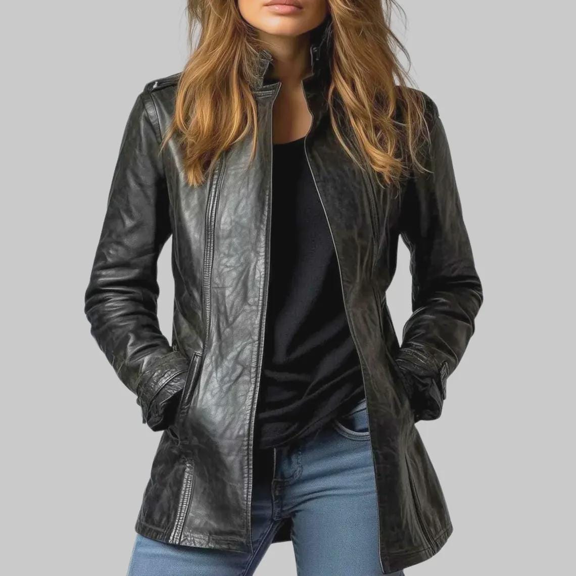 Women's Handmade Black Genuine Leather Blazer | Customized Long Jacket | Luxury Gift for Her