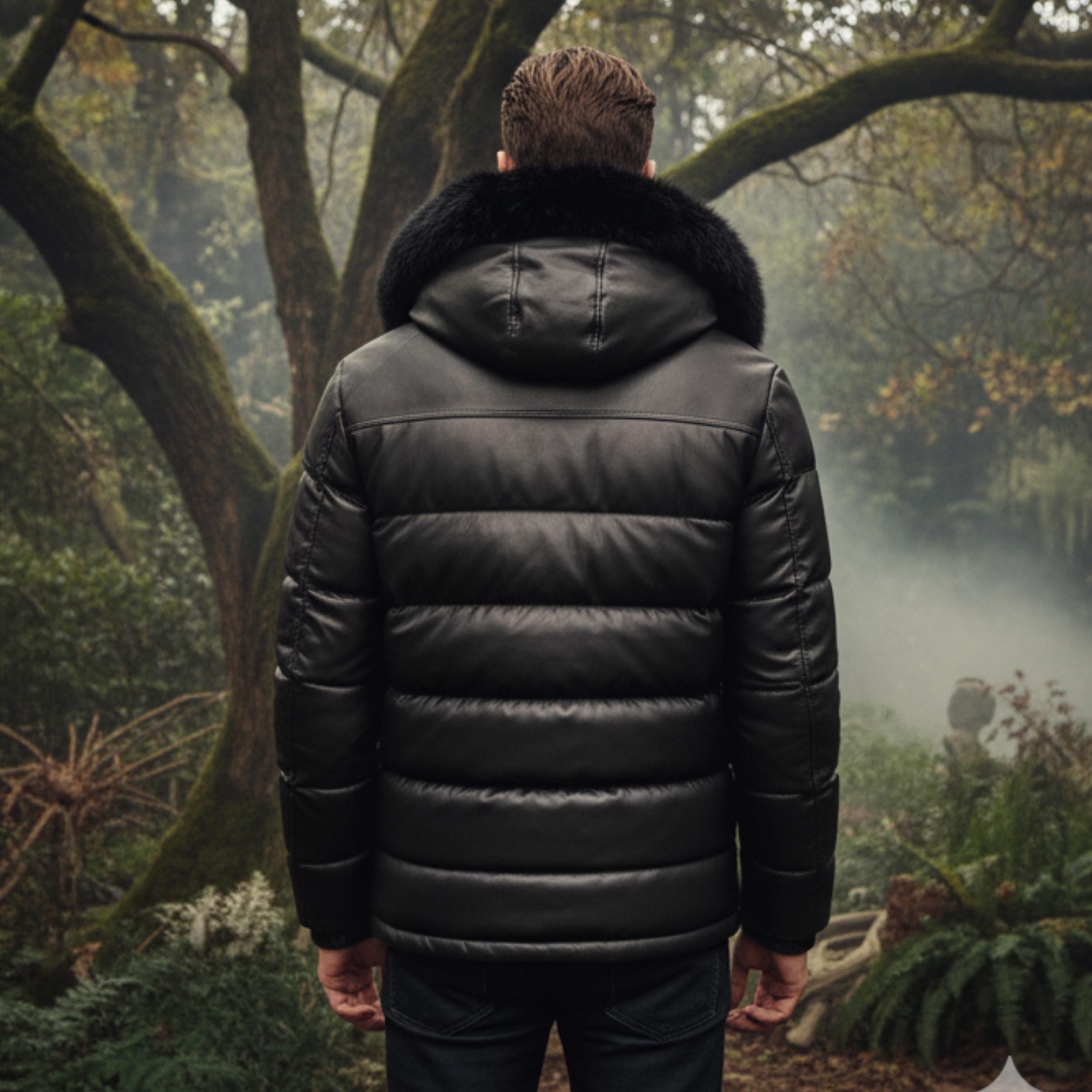 Men’s Black Quilted Puffer Leather Jacket with Fur Hood | Winter Warm Biker Style Coat for Australia & New Zealand