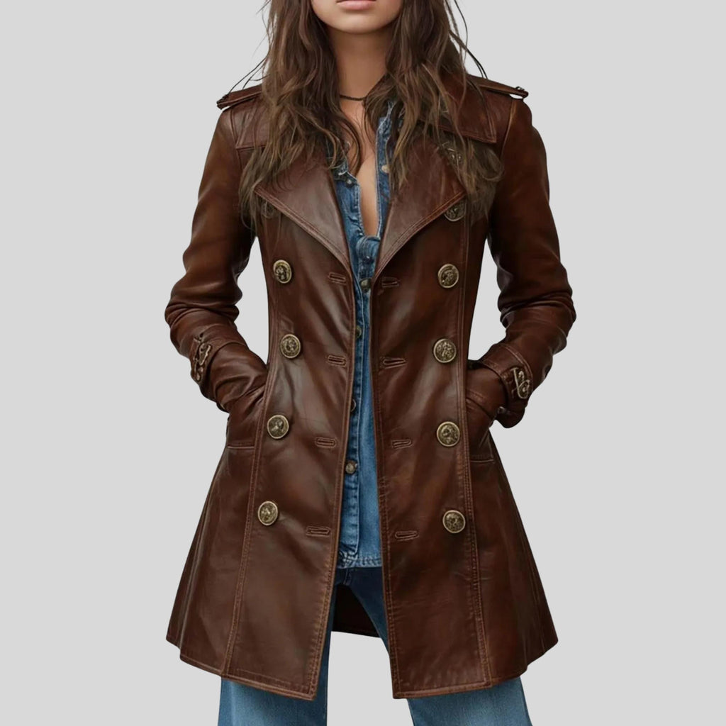 Women’s Vintage Brown Leather Coat | Handmade Genuine Leather Long Jacket with Stylish Collar & Lapel