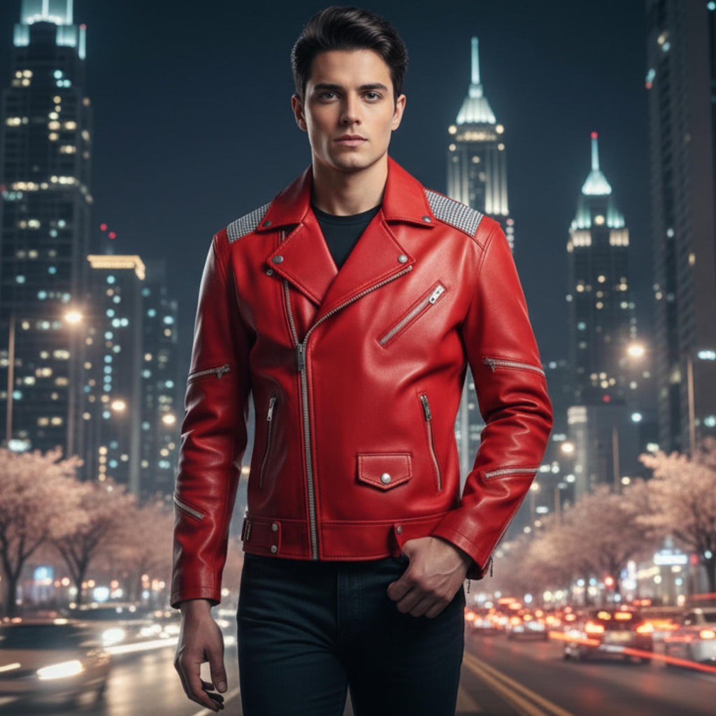 Michael Jackson Beat It Inspired Red Leather Jacket | 80s Biker MJ Tribute Costume | Special Edition | Gift for Boyfriend
