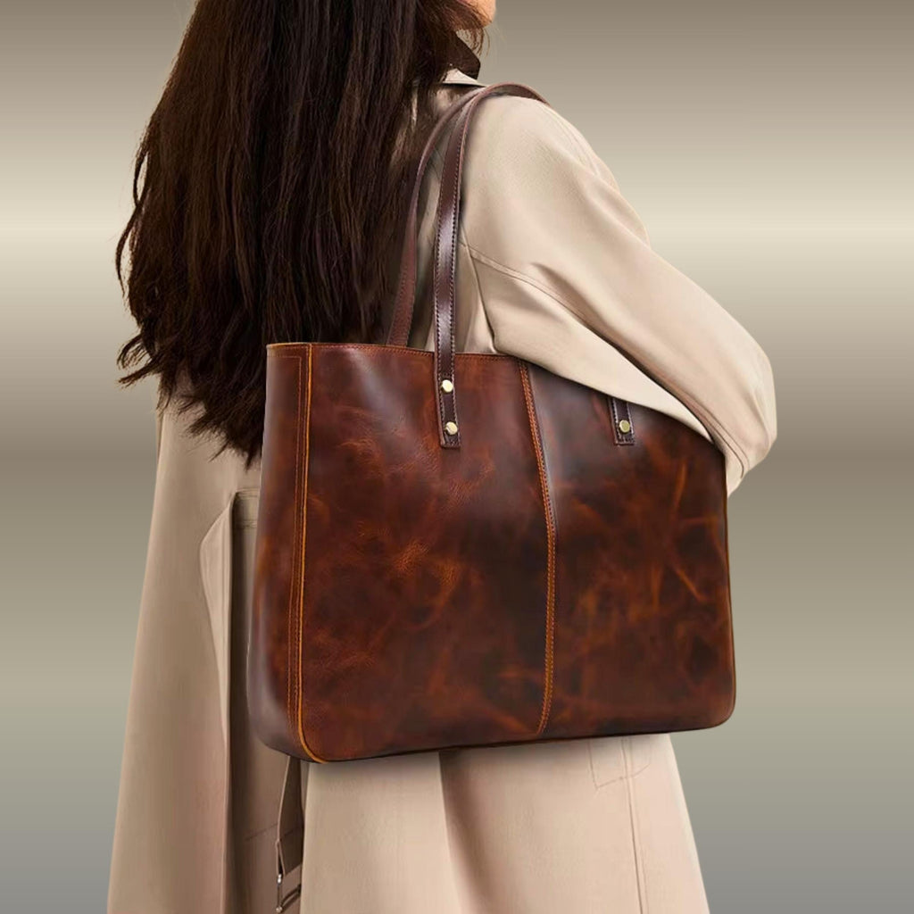 Personalized Full Grain Leather Tote for Women | Large Work & Laptop Shoulder Bag | Handmade Business Purse | Gift for Her