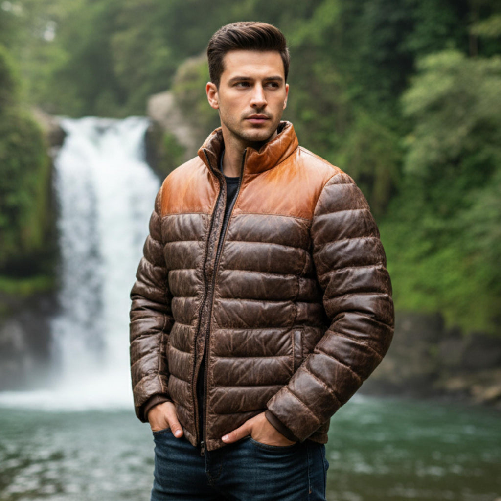 Men’s Lambskin Leather Puffer Jacket Quilted Down Winter Coat | Lightweight Insulated Outdoor Jacket for Cold Weather Australia New Zealand