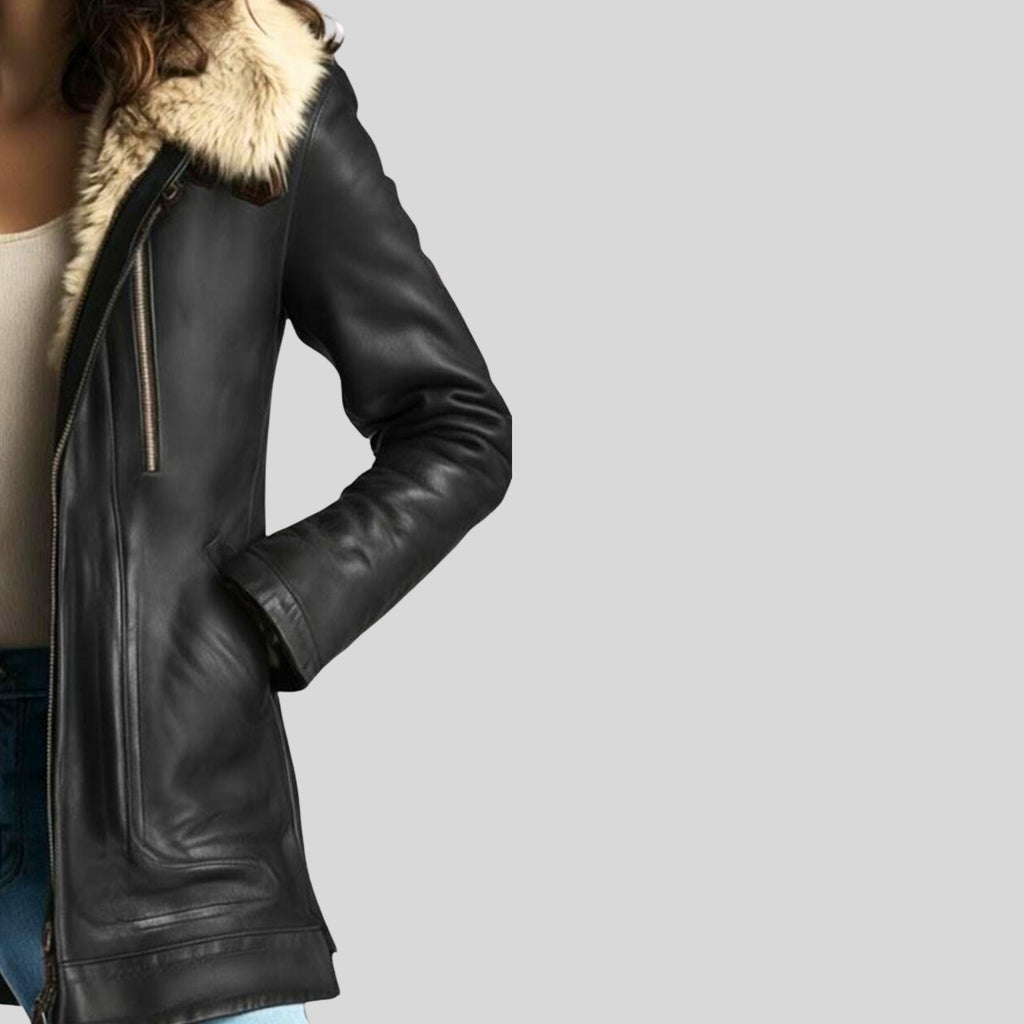 Women’s Black Shearling Leather Coat | Long Faux Fur Collar Winter Jacket | Warm & Luxury Outerwear