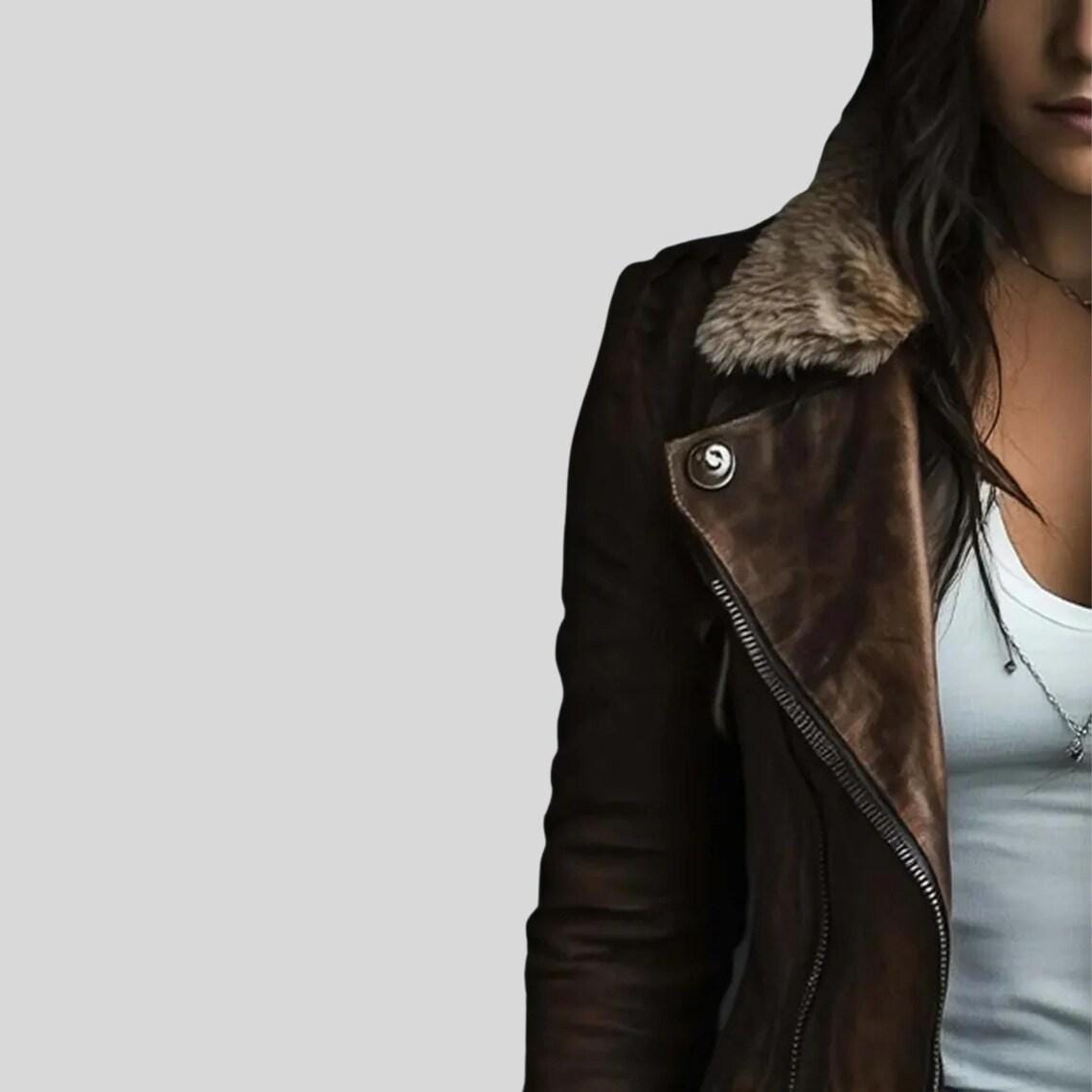 Women's Handmade Distressed Brown Leather Coat | Vintage Lambskin Shearling Collar Long Jacket