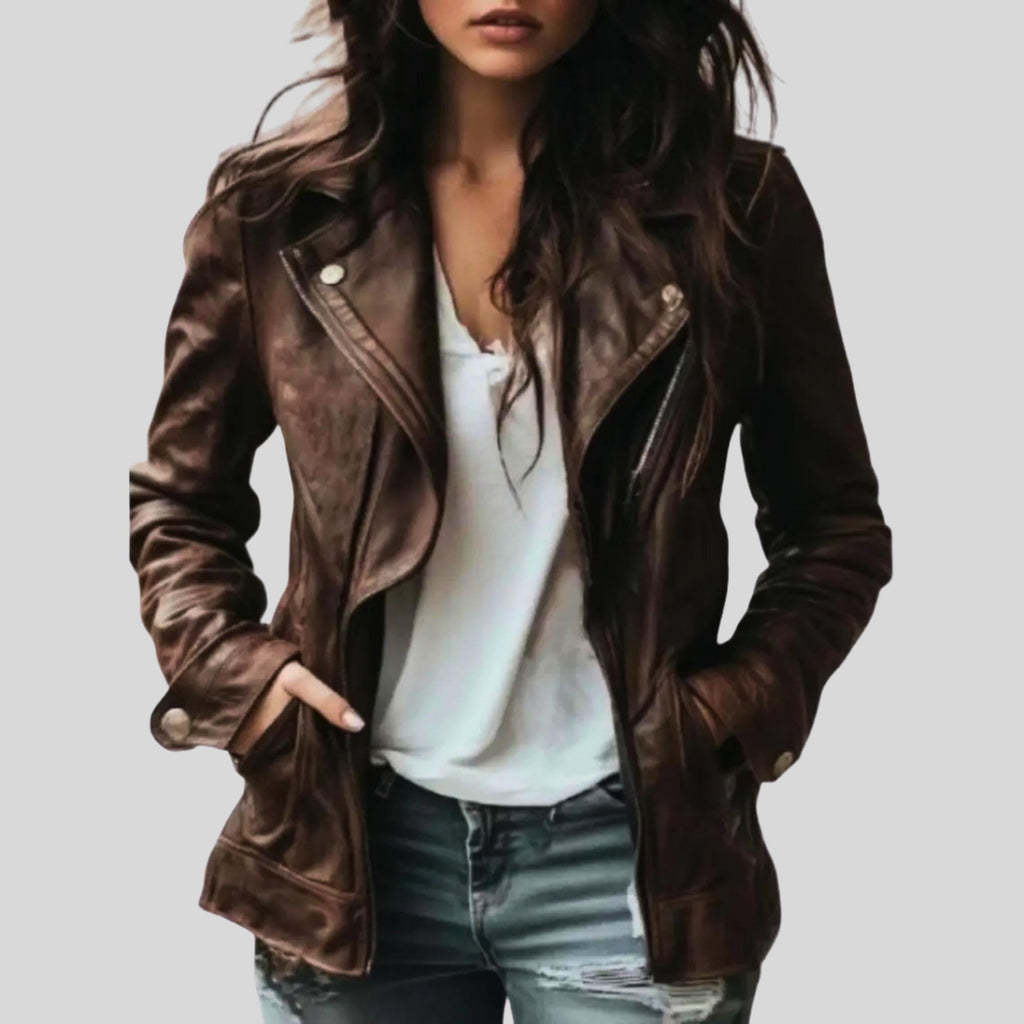 Women's Handmade Vintage Brown Leather Jacket | Lapel Collar Biker Coat