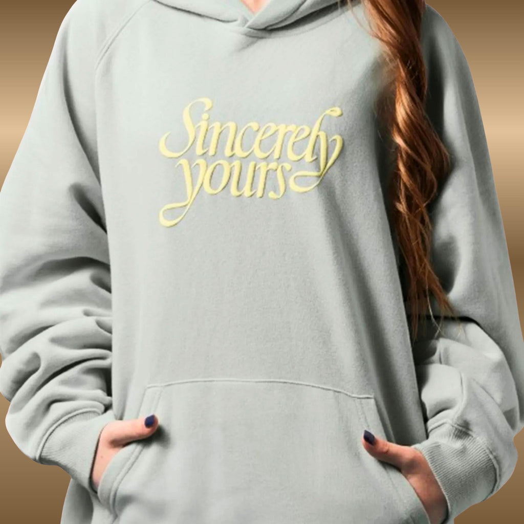 Embroidered 'Sincerely Yours' Hoodie | Gray & Light Blue Fleece Pullover | Oversized Unisex Cosplay Sweatshirt | Gift for Teen Girl