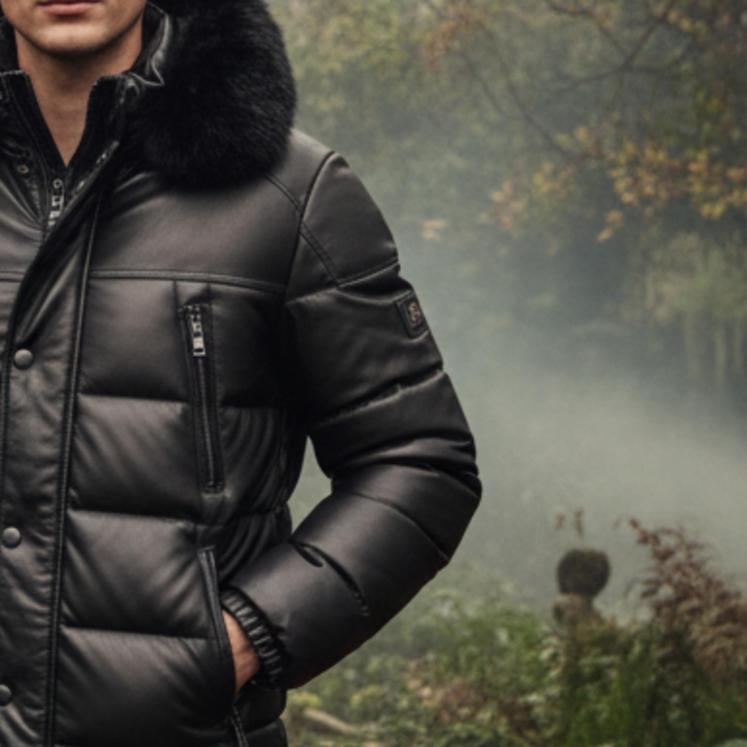 Men’s Black Quilted Puffer Leather Jacket with Fur Hood | Winter Warm Biker Style Coat for Australia & New Zealand