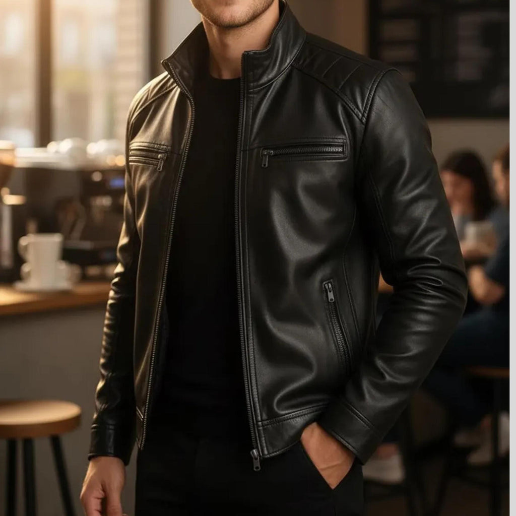 Men’s Handmade Black Lambskin Leather Moto Jacket | Slim Fit Motorcycle Biker Outerwear