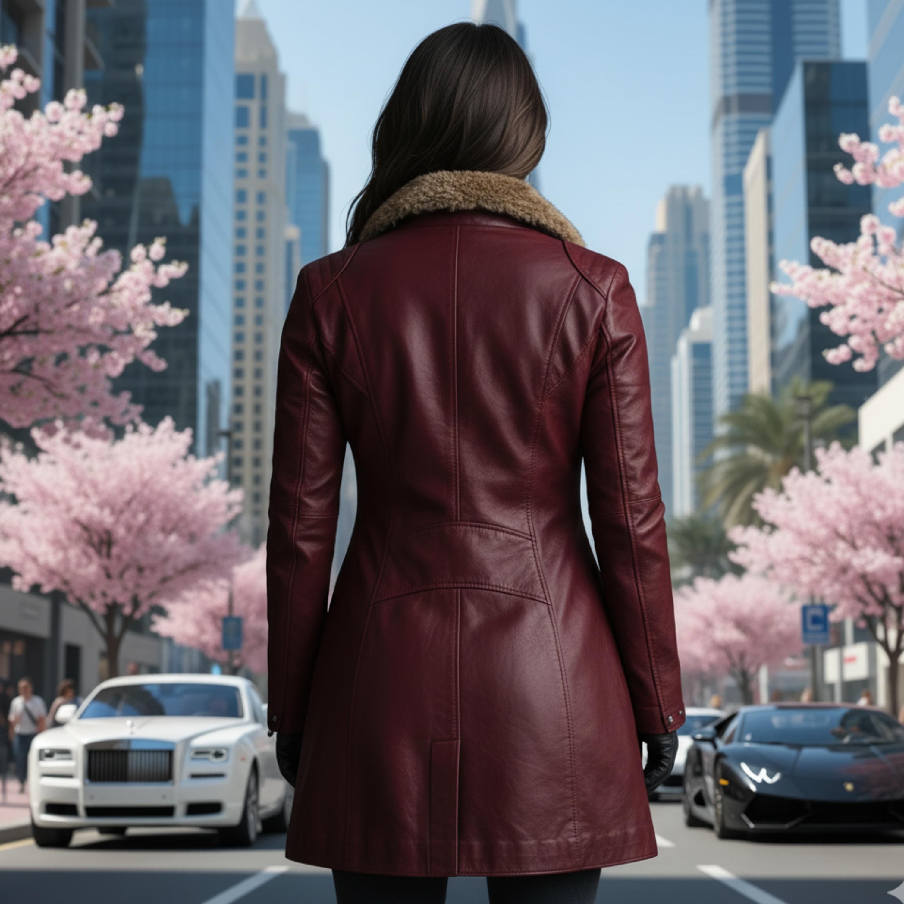 Women's Burgundy Sheepskin Aviator Jacket | Genuine Leather Lapel Collar Coat | Faux Fur Collar