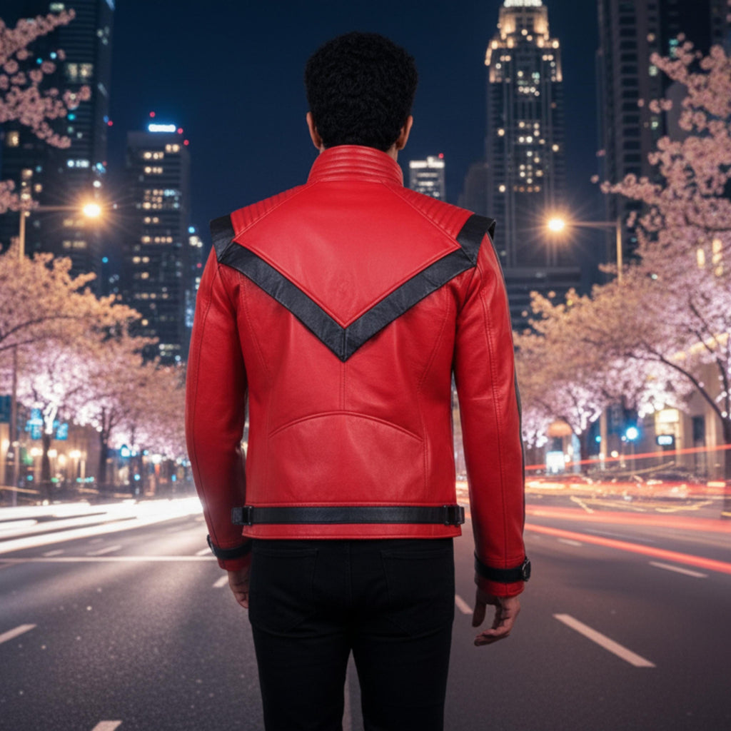 Michael Jackson Thriller Jacket Red Leather | 80s Pop Star Cosplay Costume | MJ Inspired Retro Biker Jacket Black Stripe Statement Outfit