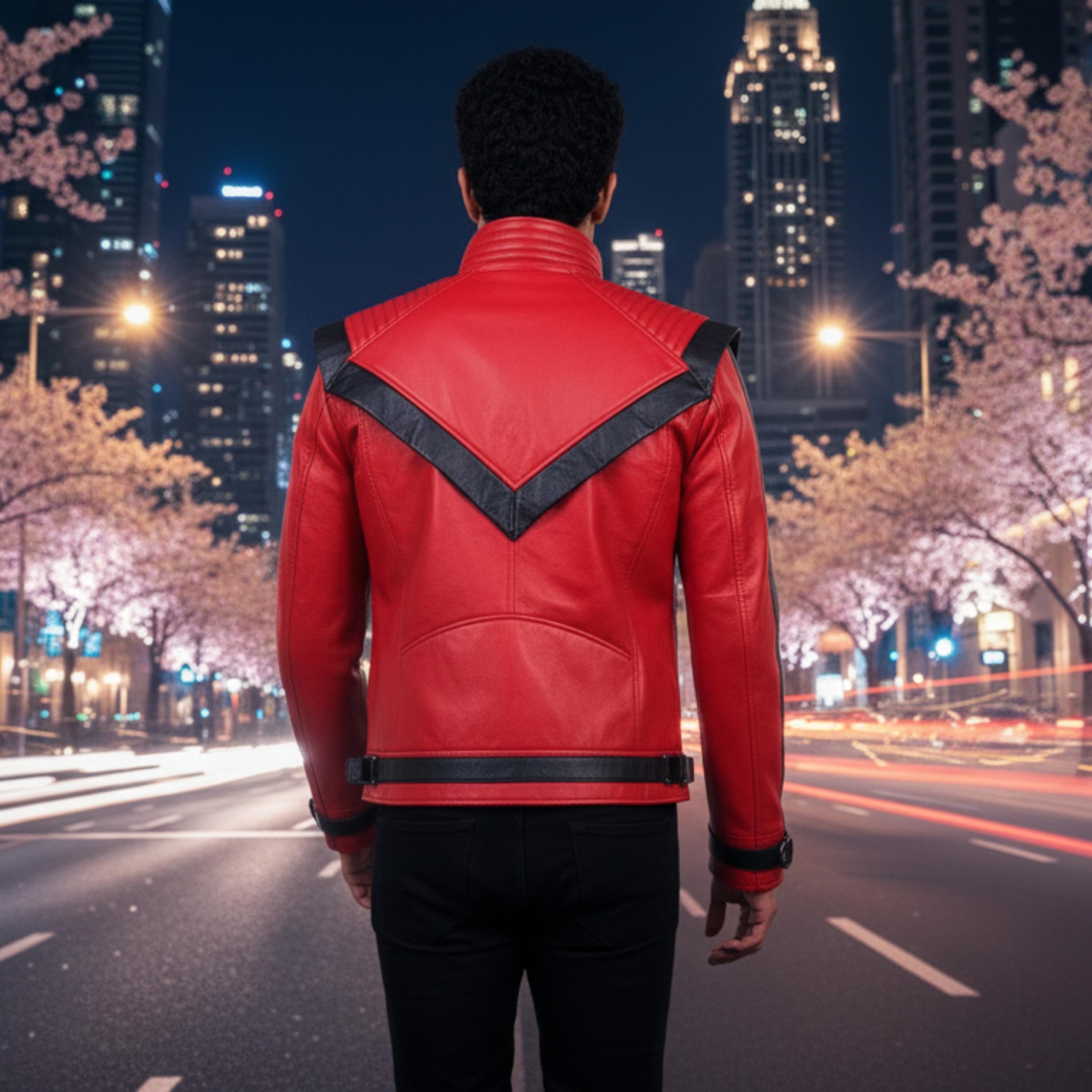 Michael Jackson Thriller Jacket Red Leather | 80s Pop Star Cosplay Costume | MJ Inspired Retro Biker Jacket Black Stripe Statement Outfit