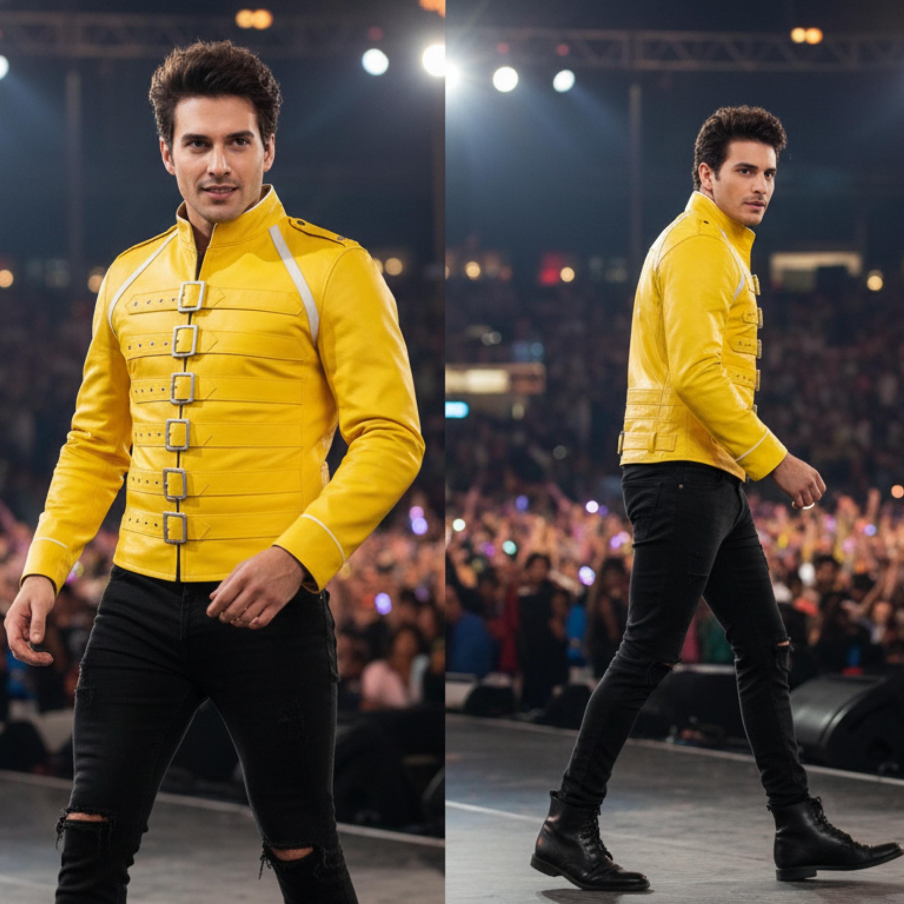 Freddie Mercury Yellow Faux Leather Jacket | Wembley Concert Inspired Military Style Coat | 80s Rock Star Buckle Strap Jacket