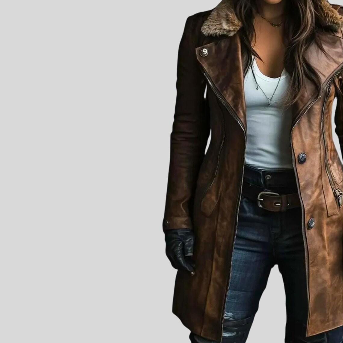 Women's Handmade Distressed Brown Leather Coat | Vintage Lambskin Shearling Collar Long Jacket