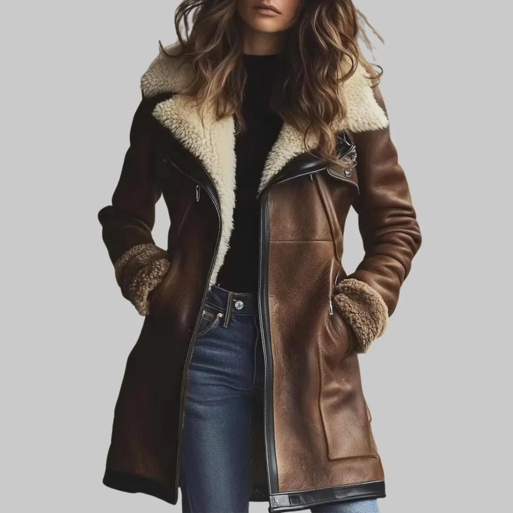 Women's Sheepskin Aviator Jacket | Genuine Leather Coat | Faux Fur Lapel Collar