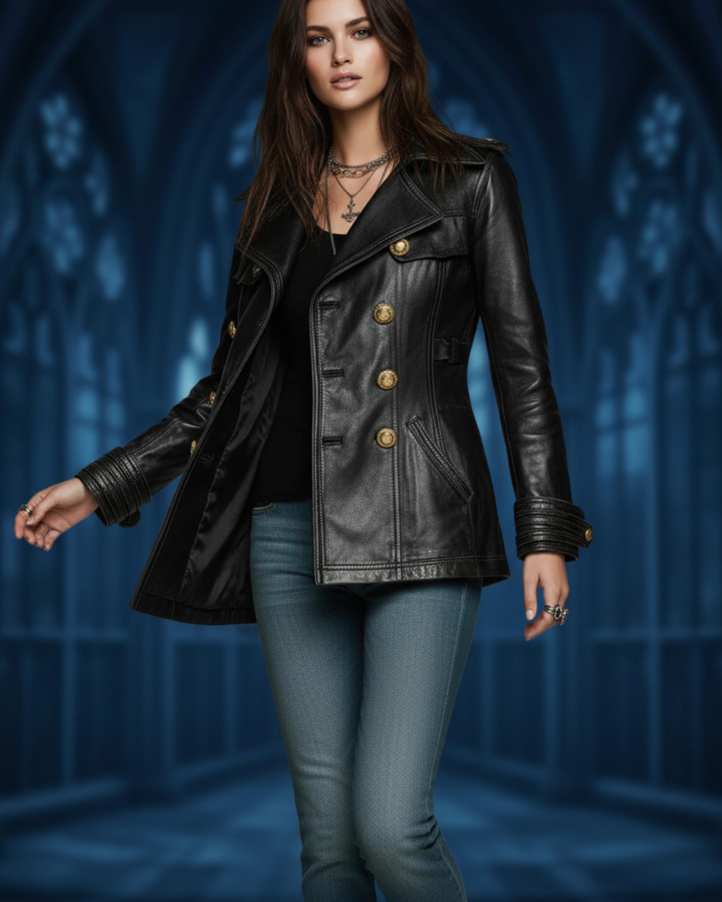 Women’s Handmade Black Distressed Jeans Style Leather Coat | Vintage Style Double-Breasted Gold Button Jacket | Goth Outerwear
