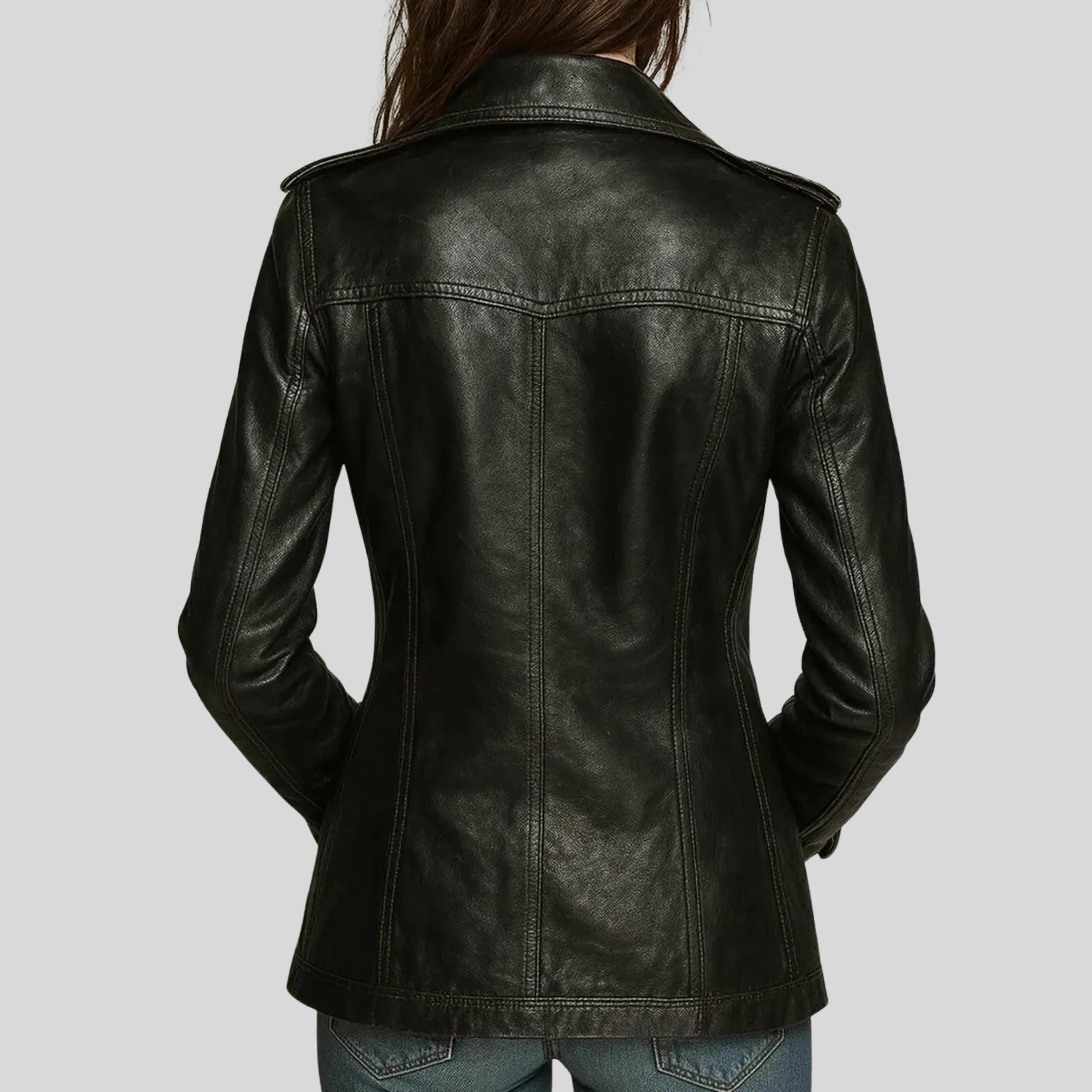 Women’s Handmade Black Distressed Jeans Style Leather Coat | Vintage Style Double-Breasted Gold Button Jacket | Goth Outerwear