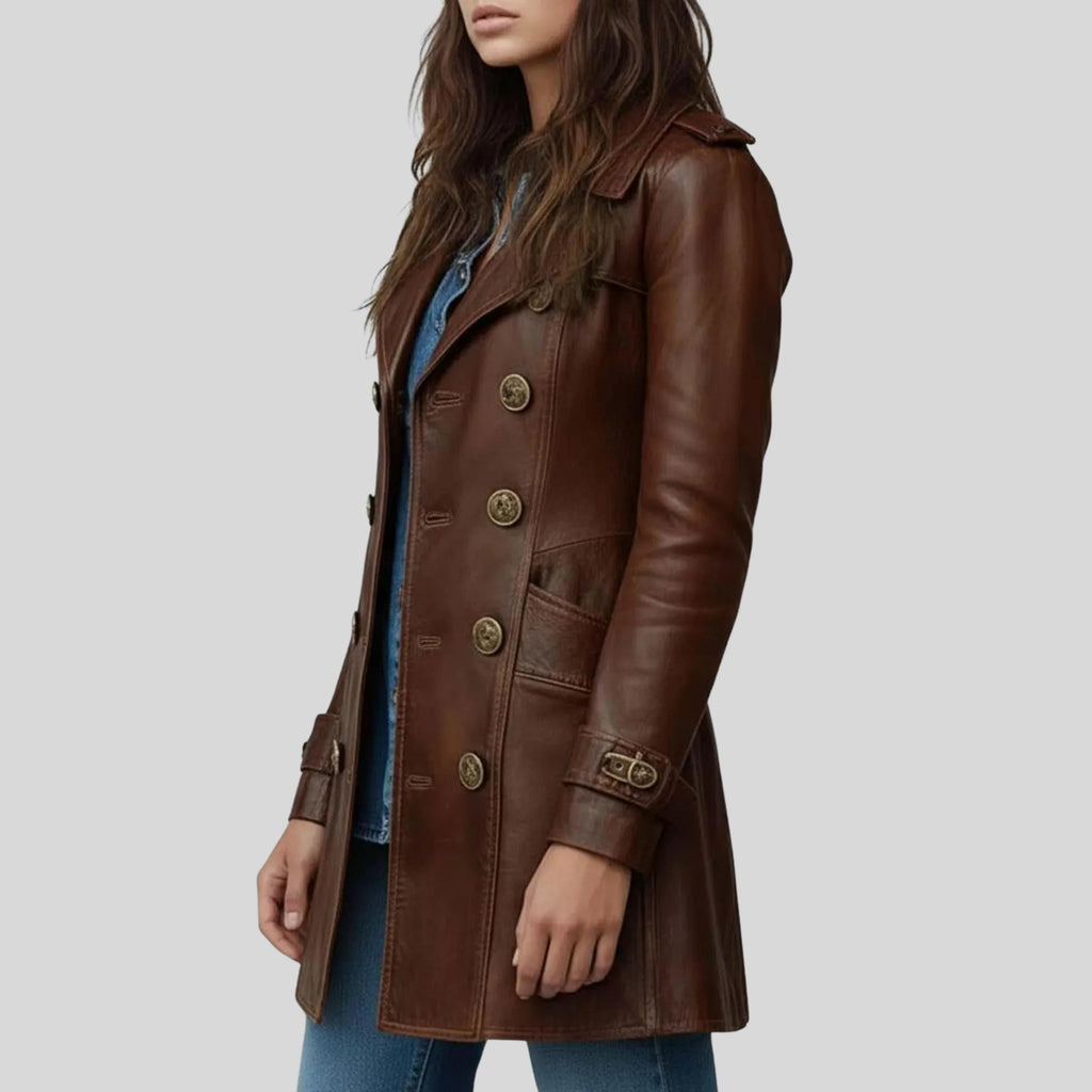Women’s Vintage Brown Leather Coat | Handmade Genuine Leather Long Jacket with Stylish Collar & Lapel
