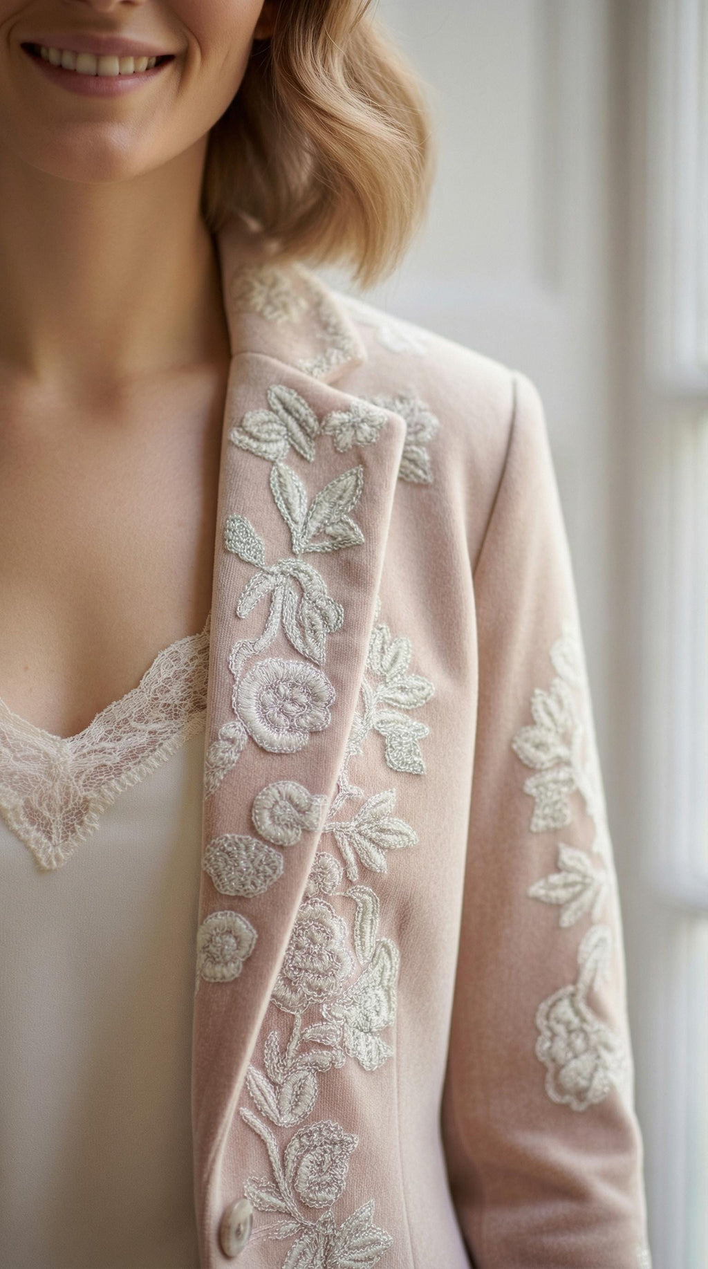 Hand-Embroidered Velvet Coat | Blush Pink Floral Longline Jacket