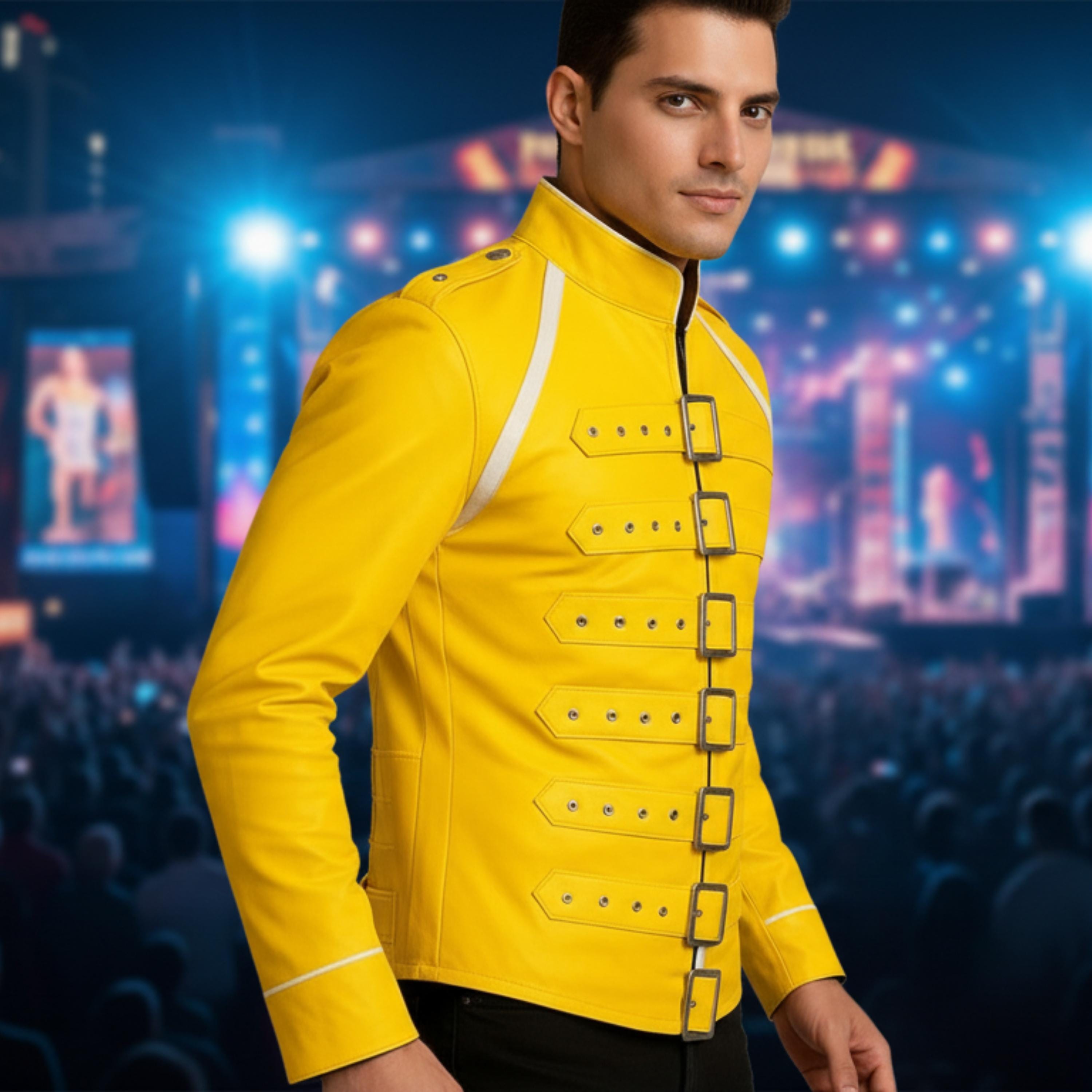 Freddie Mercury Yellow Faux Leather Jacket | Wembley Concert Inspired Military Style Coat | 80s Rock Star Buckle Strap Jacket