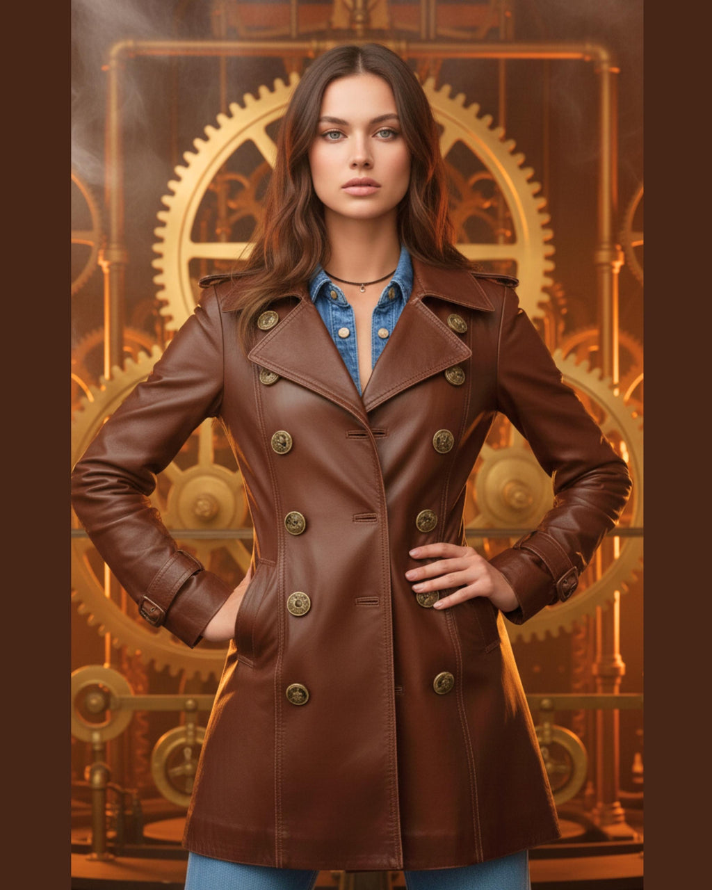 Women’s Vintage Brown Leather Coat | Handmade Genuine Leather Long Jacket with Stylish Collar & Lapel