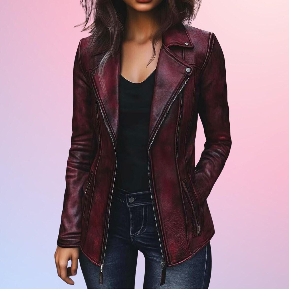Women's Vintage Burgundy Natural Leather Jacket | Handmade Retro Coat