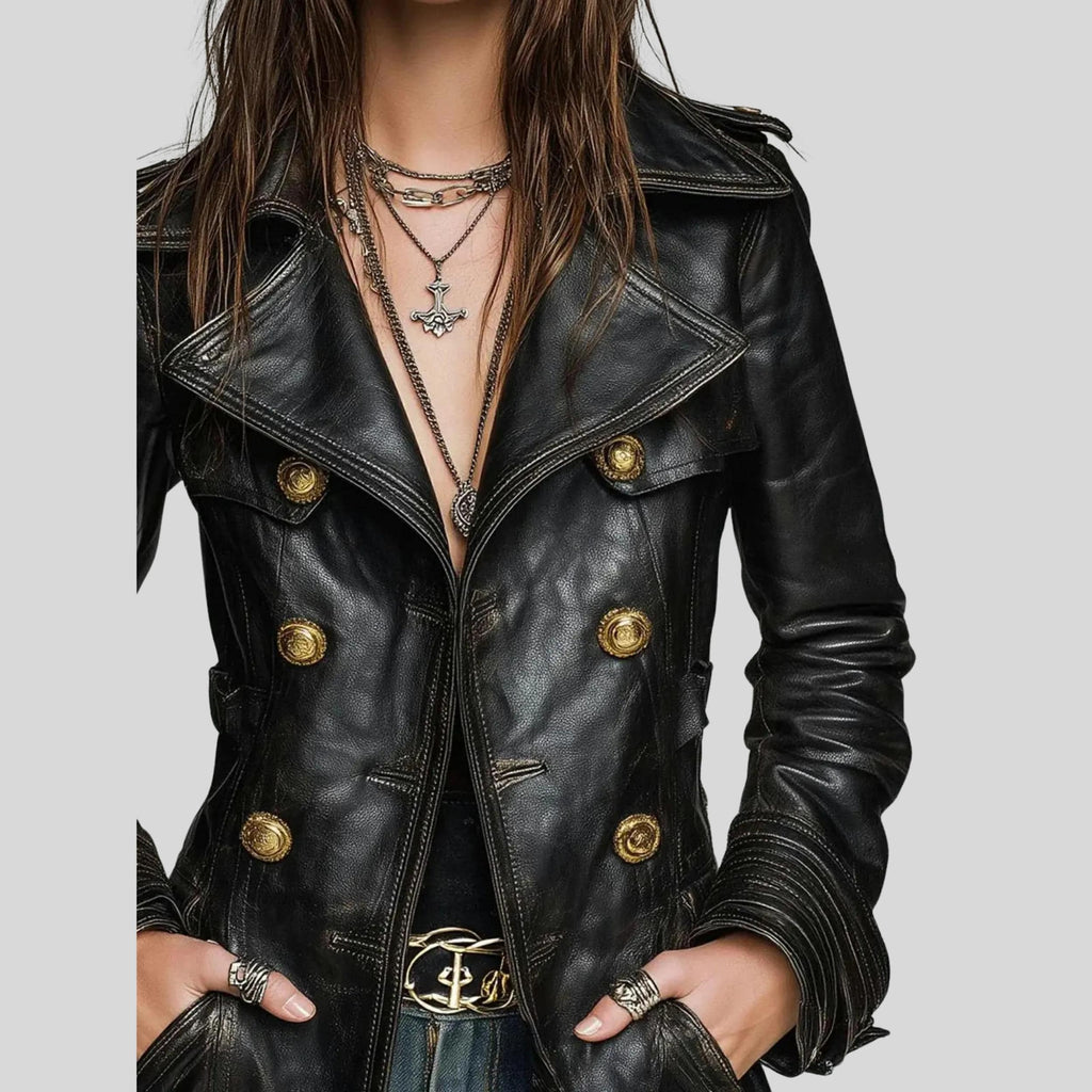 Women’s Handmade Black Distressed Jeans Style Leather Coat | Vintage Style Double-Breasted Gold Button Jacket | Goth Outerwear