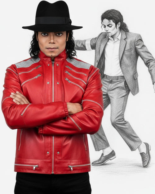 Handmade Michael Jackson Beat It Inspired Red Leather Jacket | 80s Biker MJ Tribute Costume | Zip-up Genuine Leather Cosplay Outfit