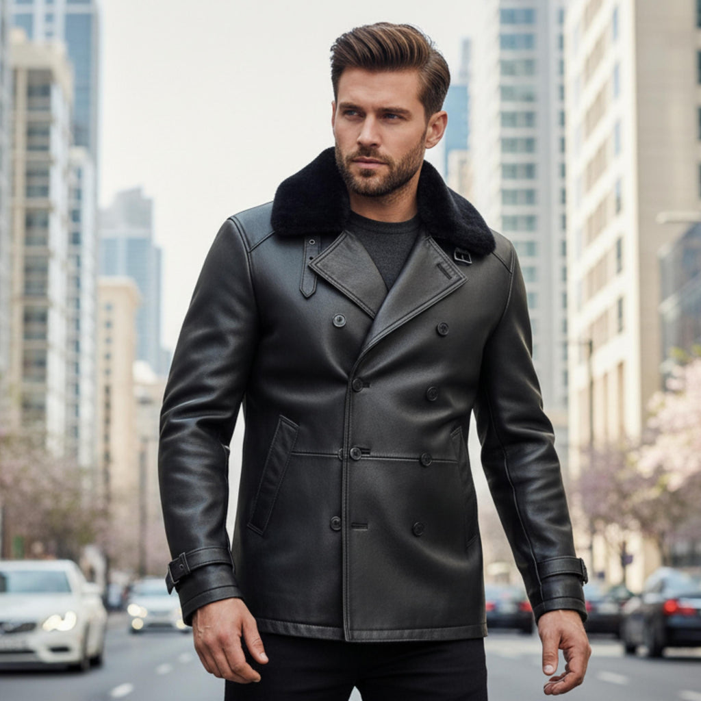 RE9 Leon S Kennedy Black Leather Trench Jacket with Fur Collar | Resident Evil Requiem Cosplay Leather Coat