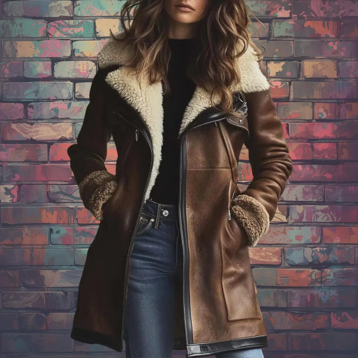 Women's Sheepskin Aviator Jacket | Genuine Leather Coat | Faux Fur Lapel Collar