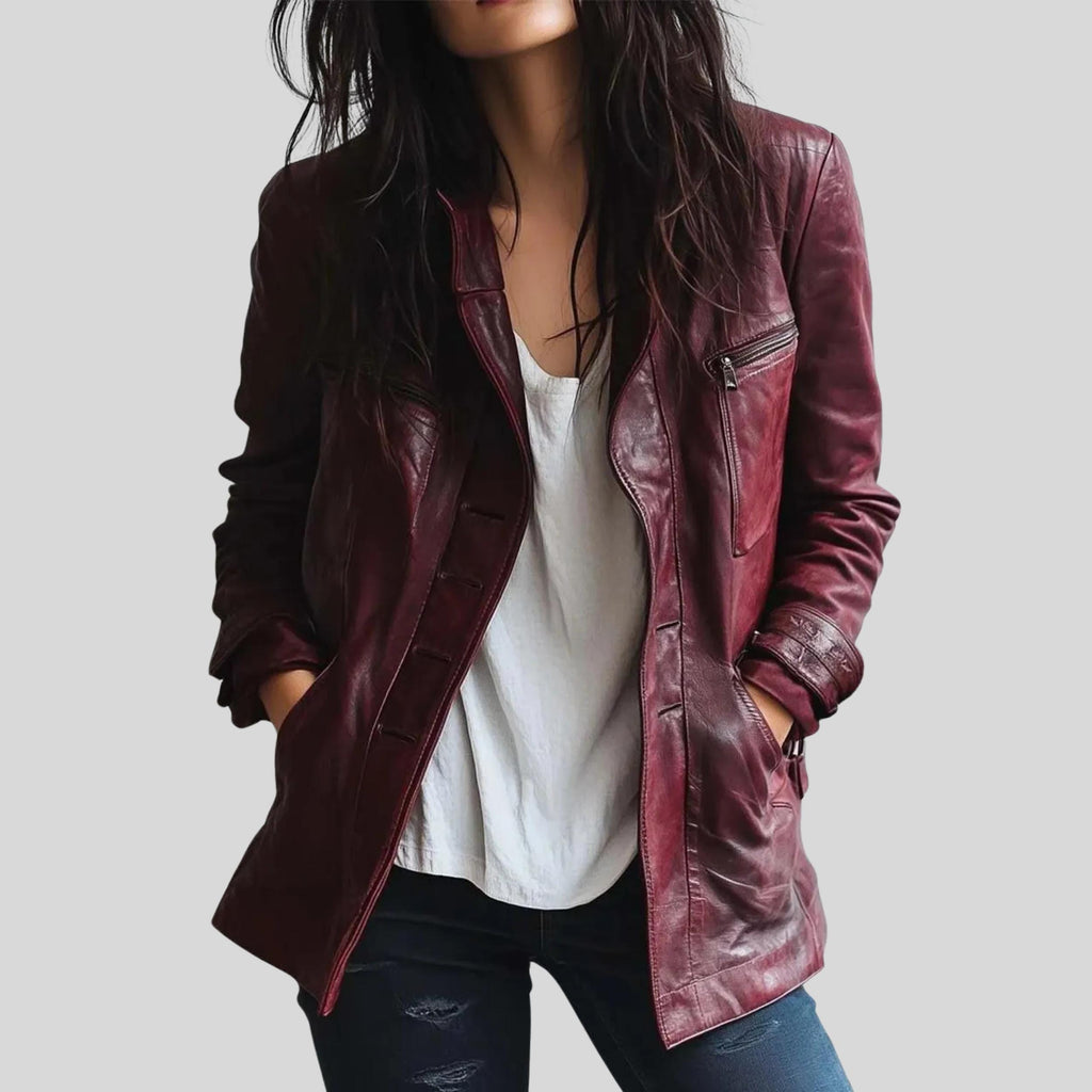 Women’s Vintage Burgundy Lambskin Leather Jacket | Handmade Distressed Winter Outfit