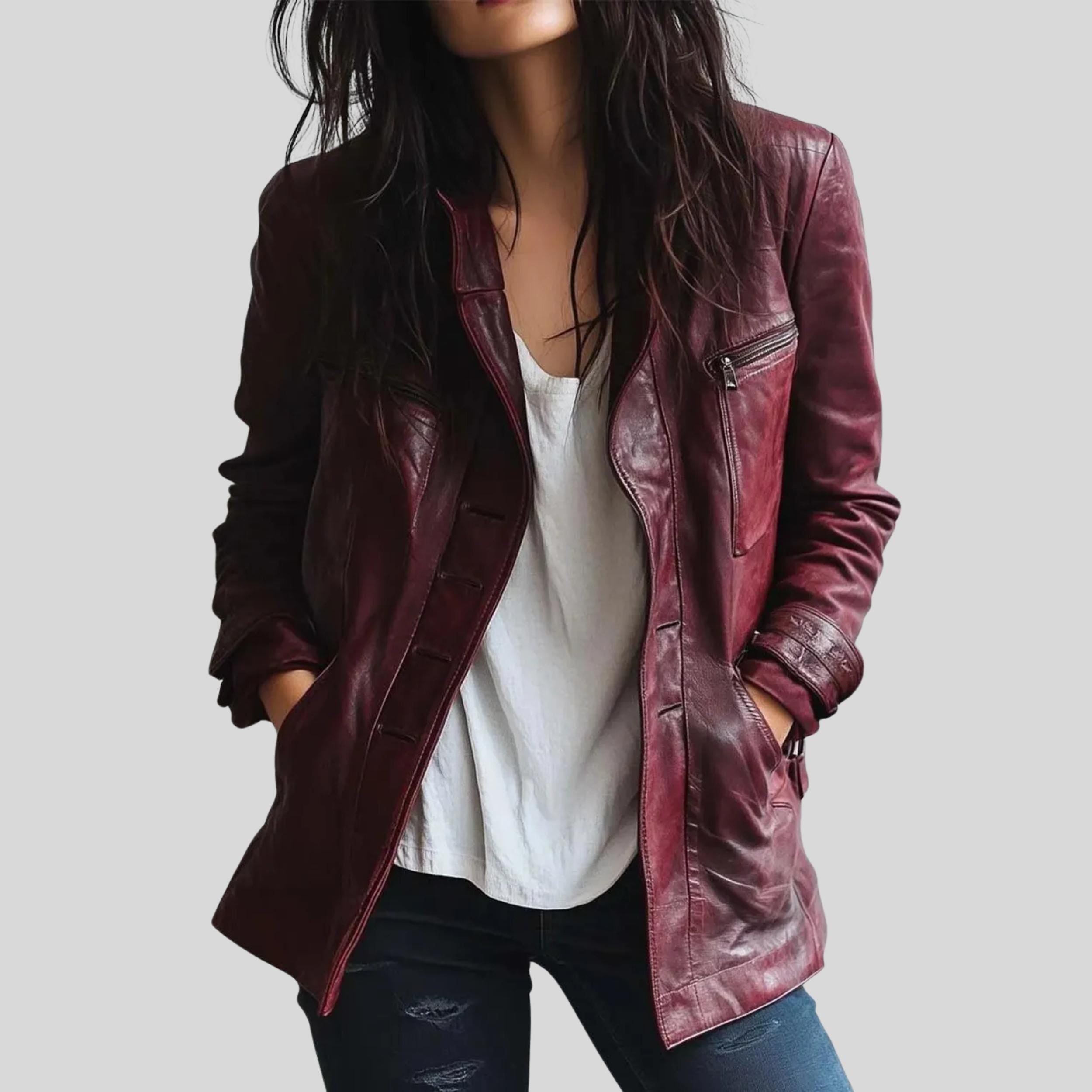 Women’s Vintage Burgundy Lambskin Leather Jacket | Handmade Distressed Winter Outfit